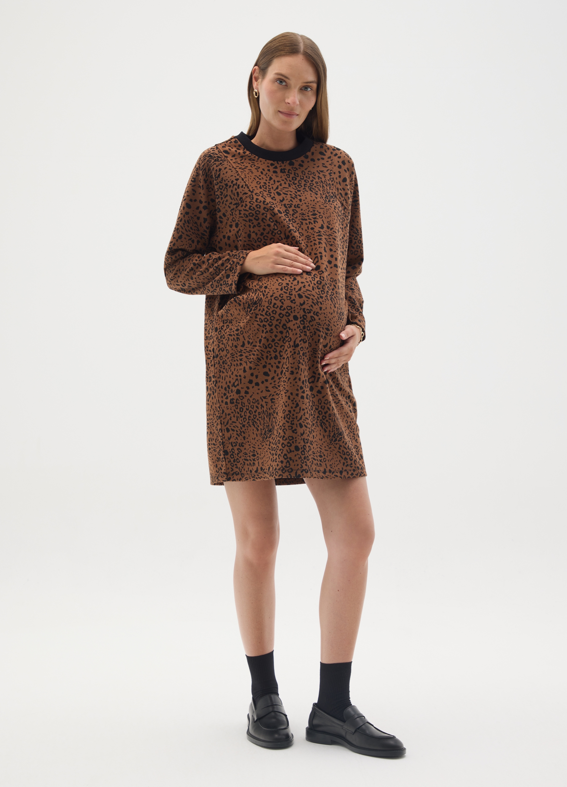 NICOL CARAMEL, Abito Premaman Marrone Fantasia Animalier In Maglia Tessuto, Donna, Marrone, Taglia: L