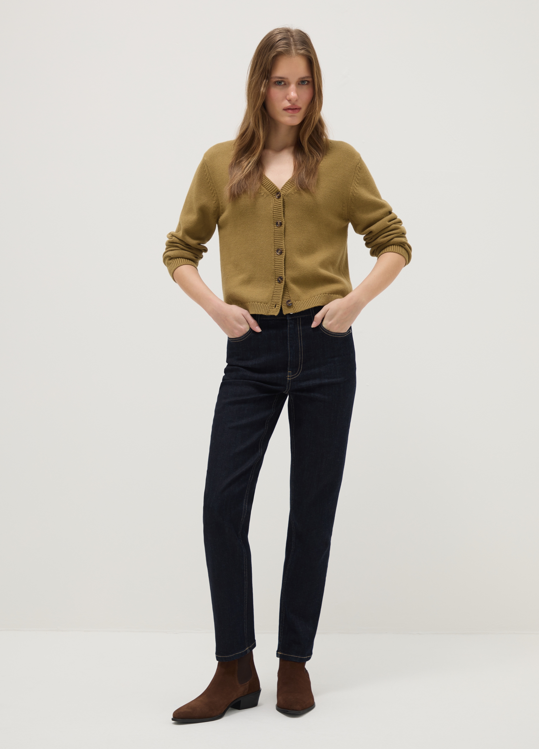 Cárdigan Verde Con Cuello En V De Algodón Puro, Corte Regular, Mujer, Verde oscuro, Talla: 40