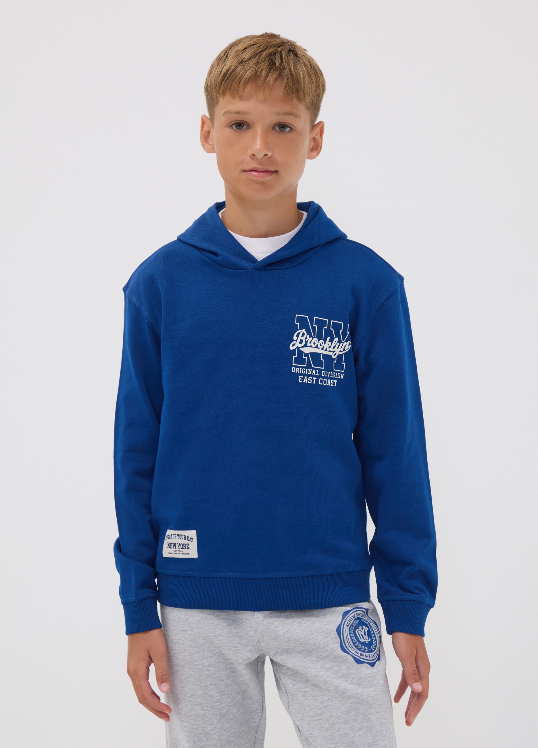 OVS KIDS, Felpa Blu In Puro Cotone Con Cappuccio E Stampa Per Ragazzo, Bambino, Blu, Taglia: 11-12