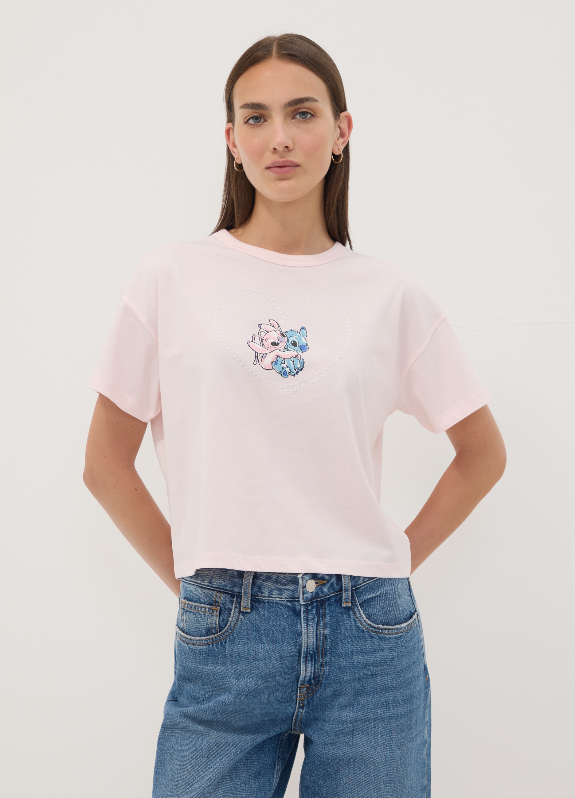 DISNEY, T-shirt Rosa In Puro Cotone Con Stampa Lilo E Stitch Regular Fit, Unisex, Rosa, Taglia: M
