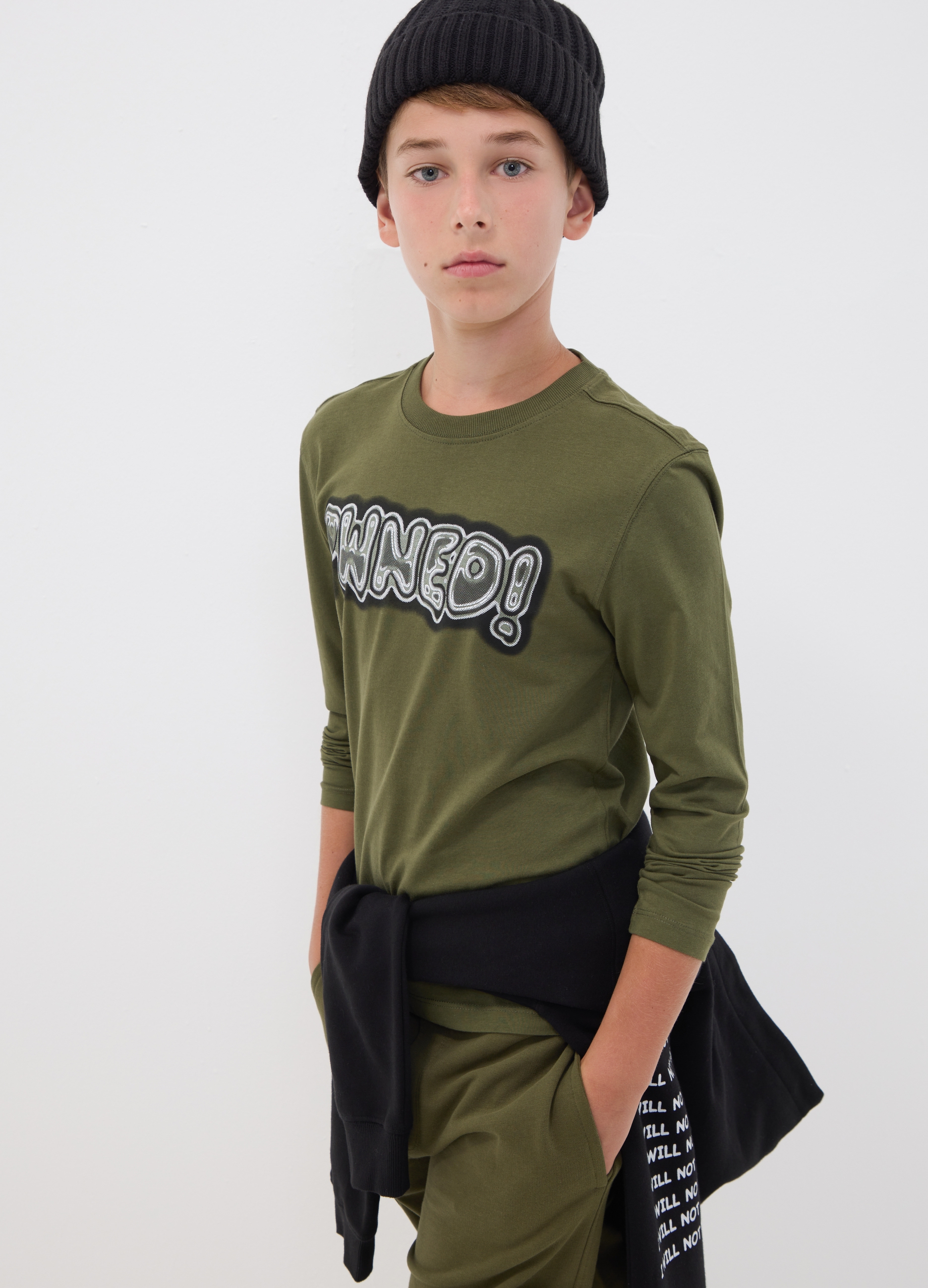 OVS KIDS, T-shirt Verde In Puro Cotone Organico Con Scritta Per Ragazzo, Bambino, Verde, Taglia: 14-15