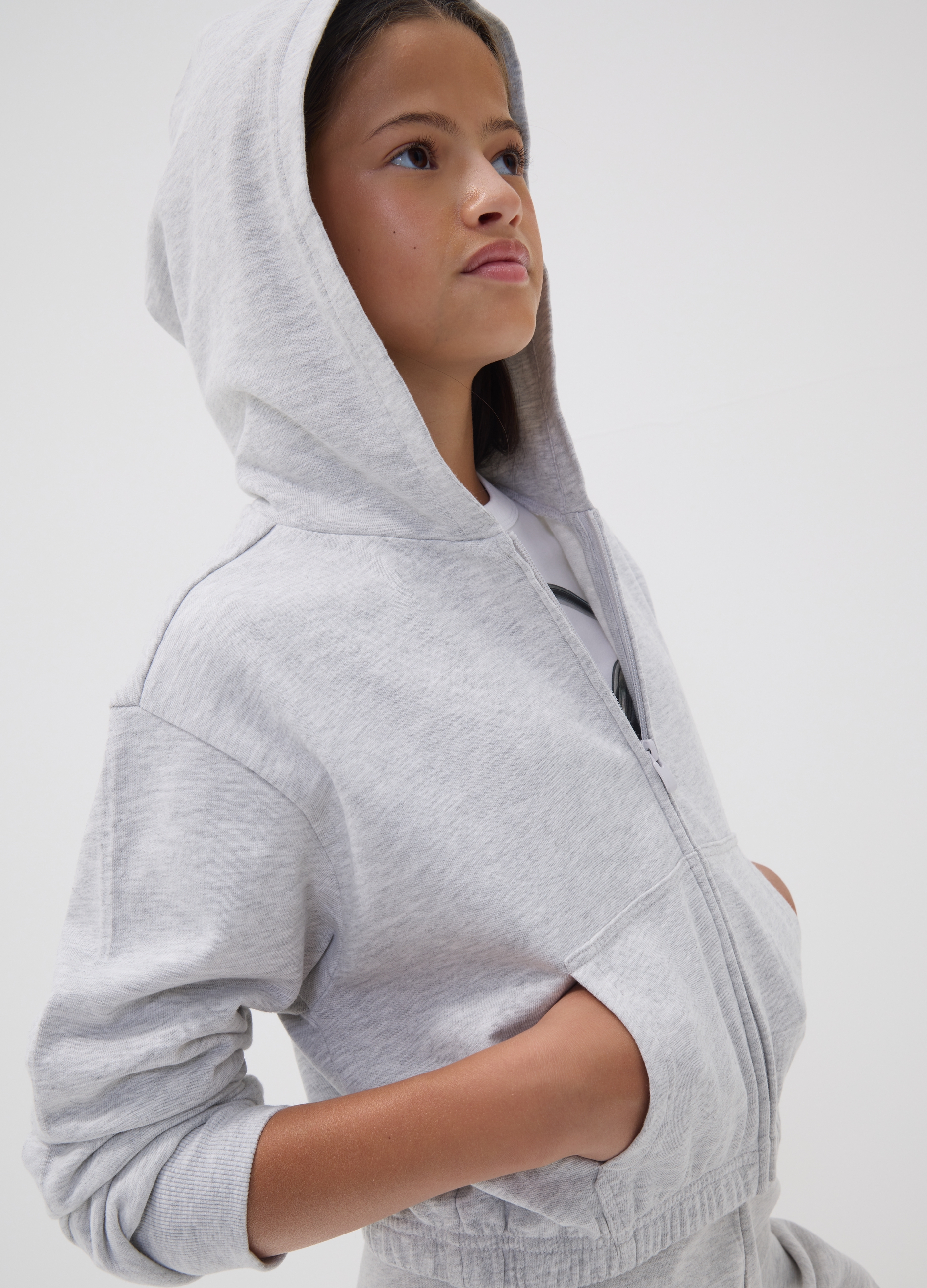 OVS KIDS, Felpa Grigia Corta In Puro Cotone Con Cappuccio E Girocollo Per Ragazza, Bambina, Grigio, Taglia: 11-12