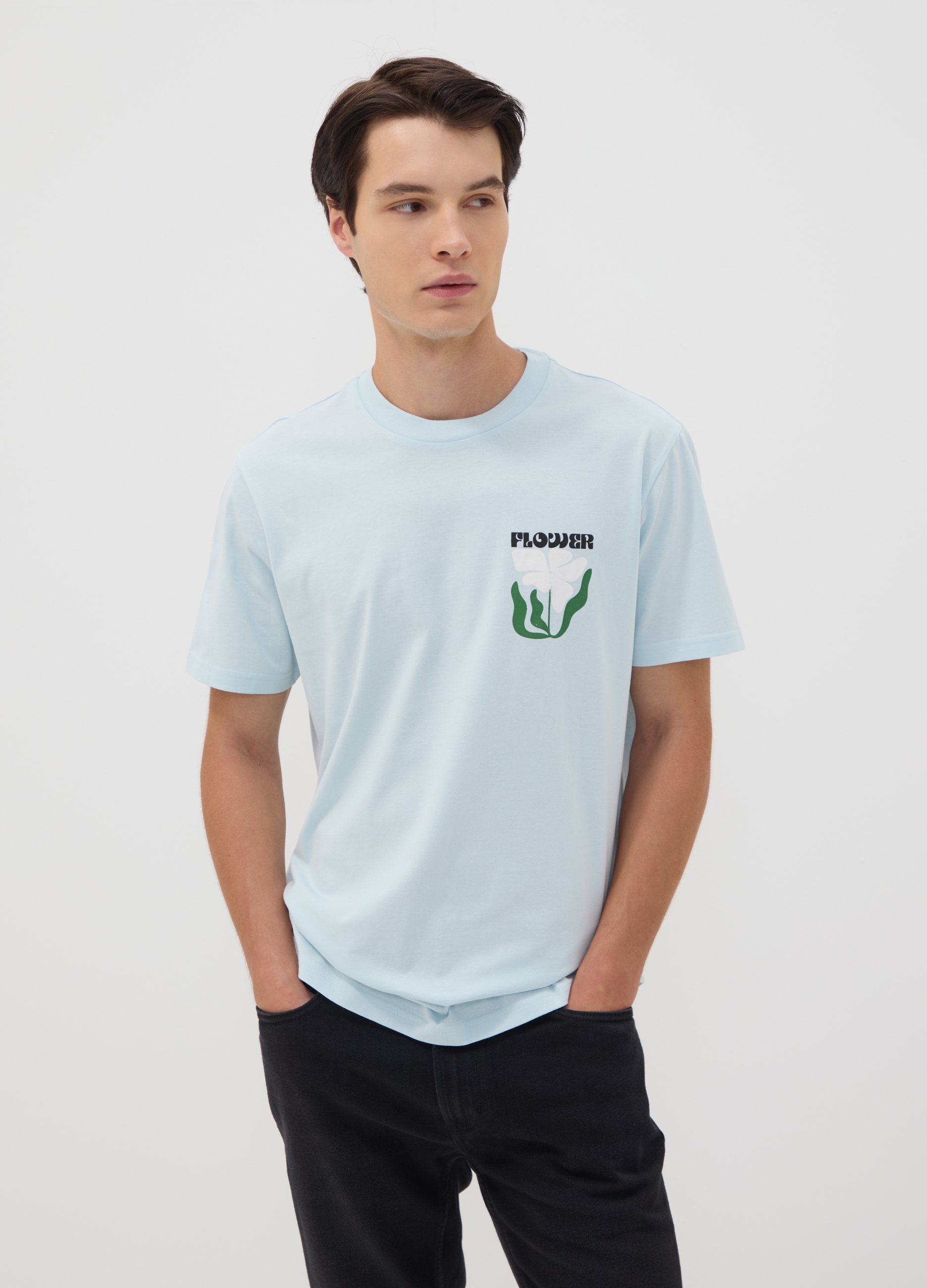 OVS, T-shirt Azzurra In Puro Cotone Jersey Con Stampa Regular Fit, Uomo, Azzurro, Taglia: S
