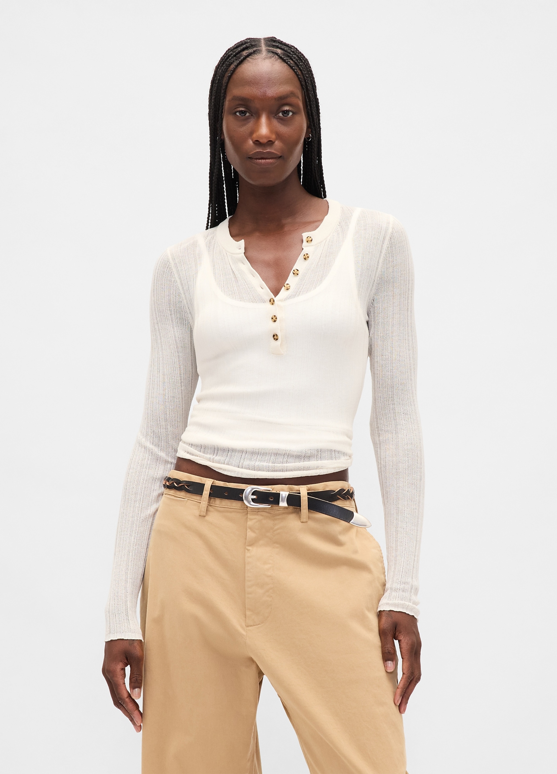 GAP, Maglia Con Bottoni E Trasparenze A Maniche Lunghe, Donna, Bianco, Taglia: L