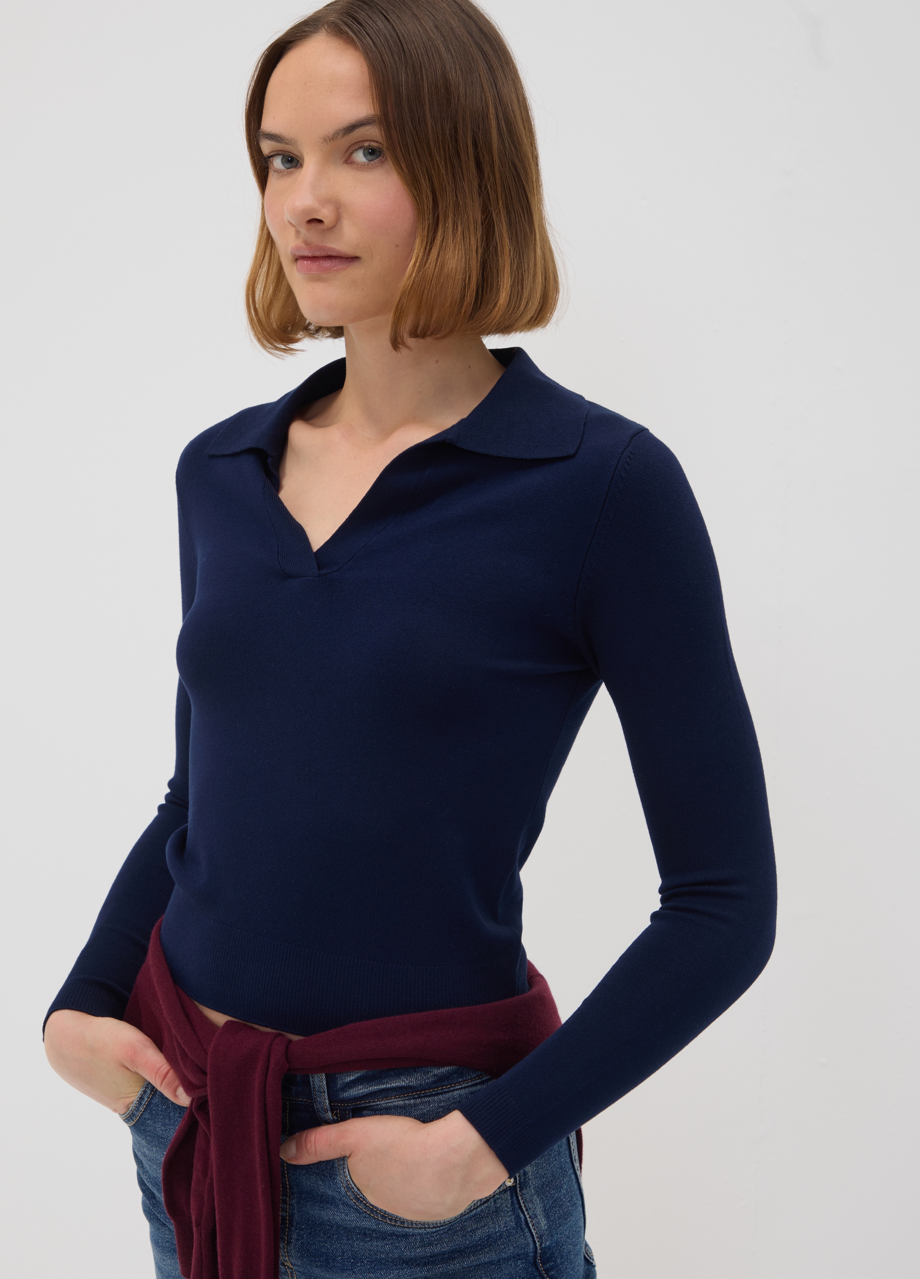OVS, Maglia Blu In Misto Viscosa Con Colletto Polo Regular Fit, Donna, Blu, Taglia: S