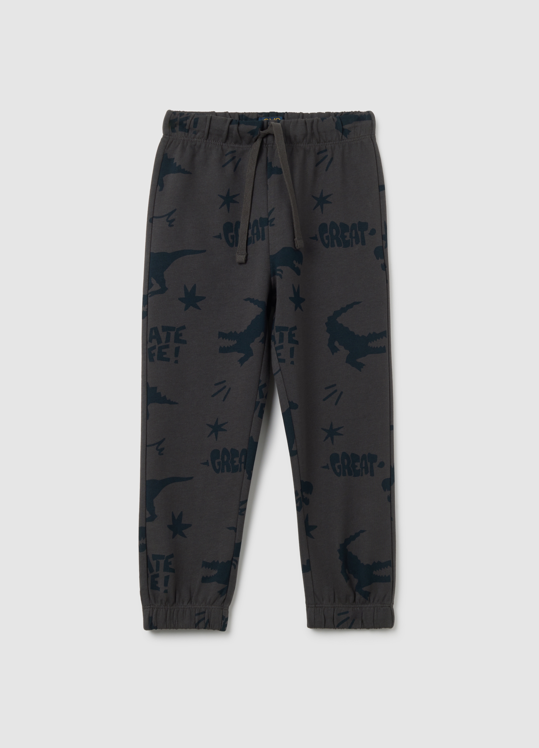 Pantalones De Niño En Puro Algodón Gris Corte Regular Con Estampado De Dinosaurio, Niño, Gris oscuro, Talla: 7-8