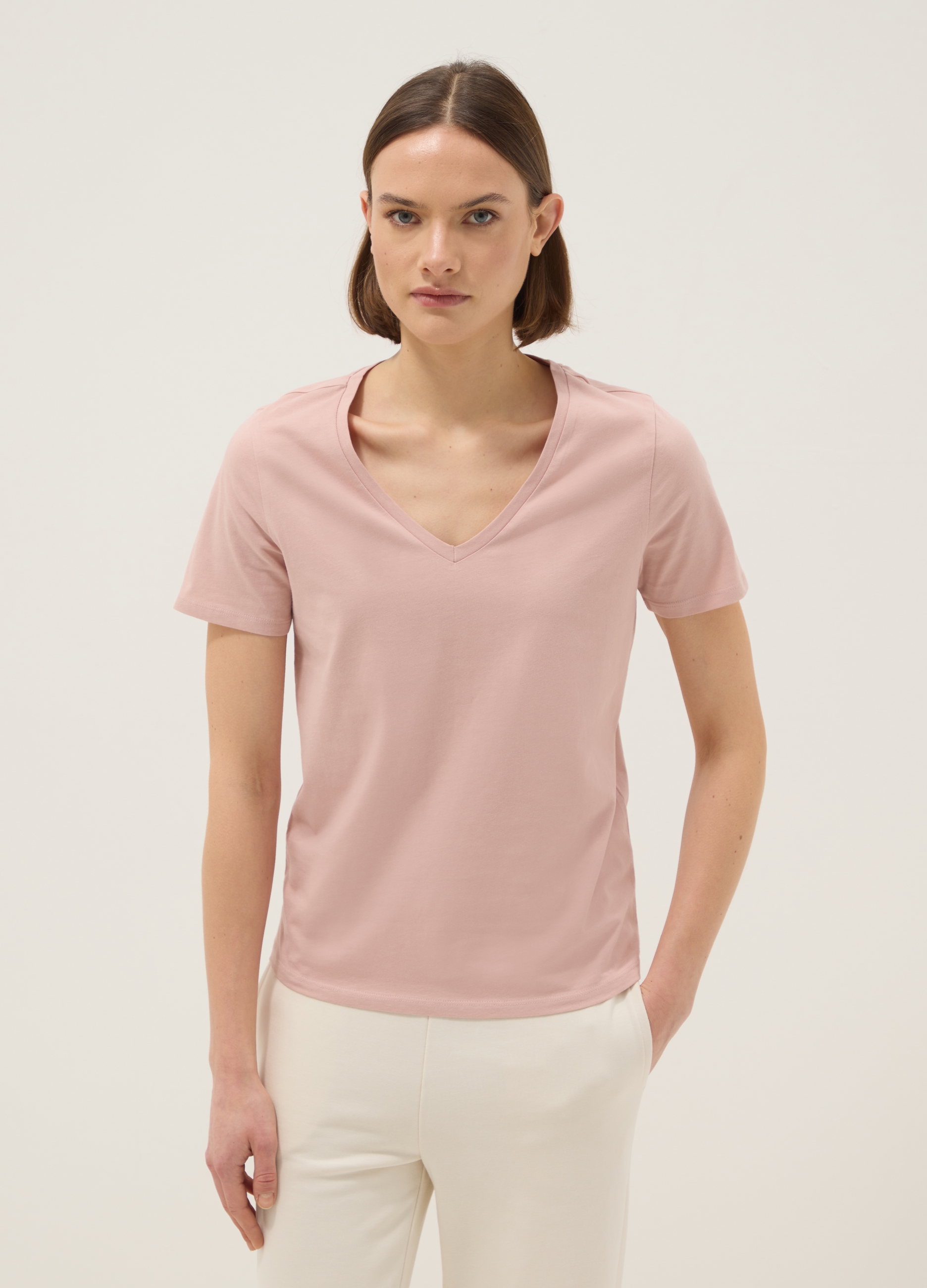 Ovs Mujer Rosa Claro Camiseta Rosa De Algodón Puro, Ajuste Regular Con Escote En V, Talla: 38