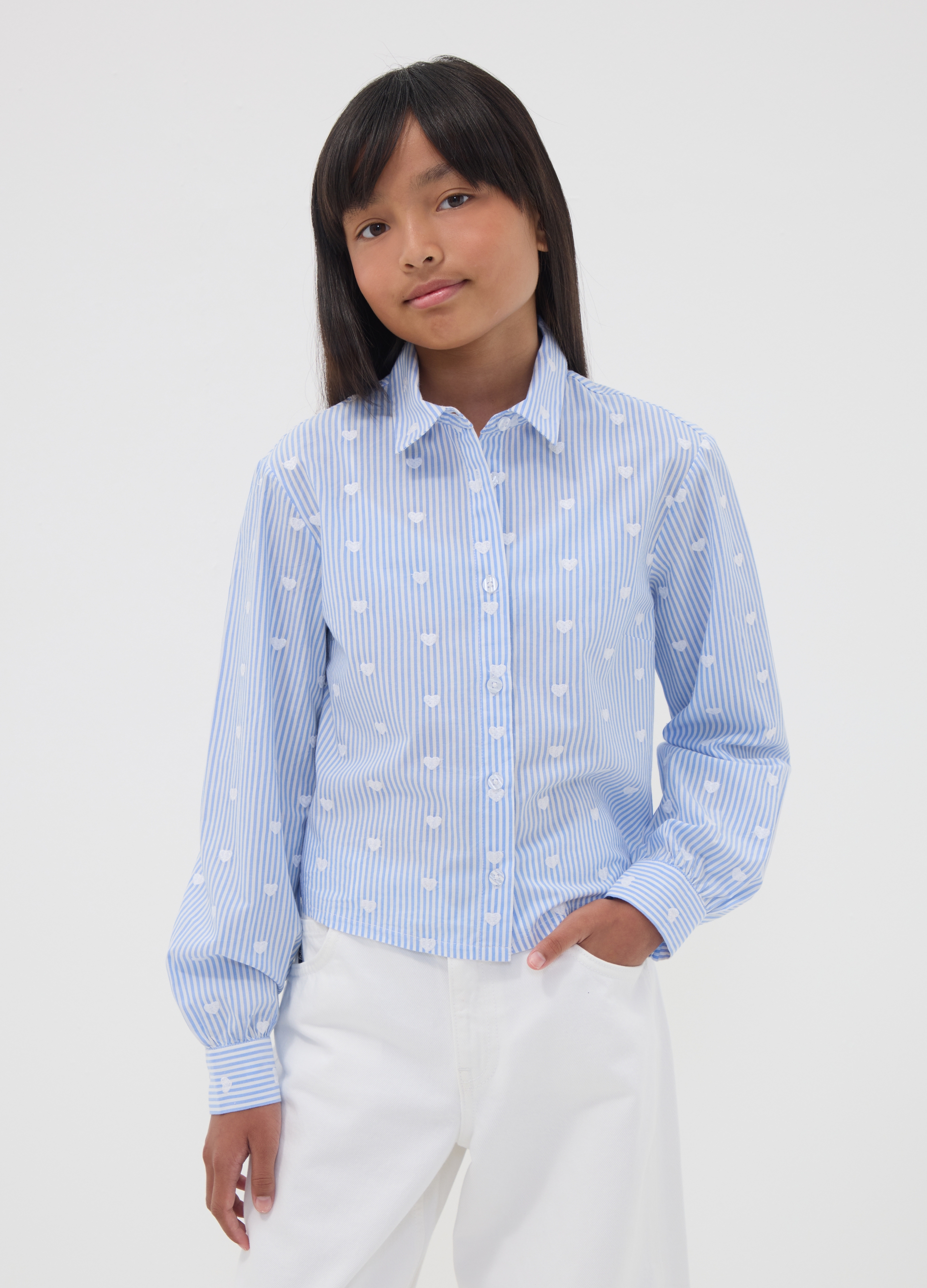 OVS KIDS, Camicia Azzurra A Righe In Puro Cotone Con Cuori Per Ragazza, Bambina, Azzurro, Taglia: 10-11