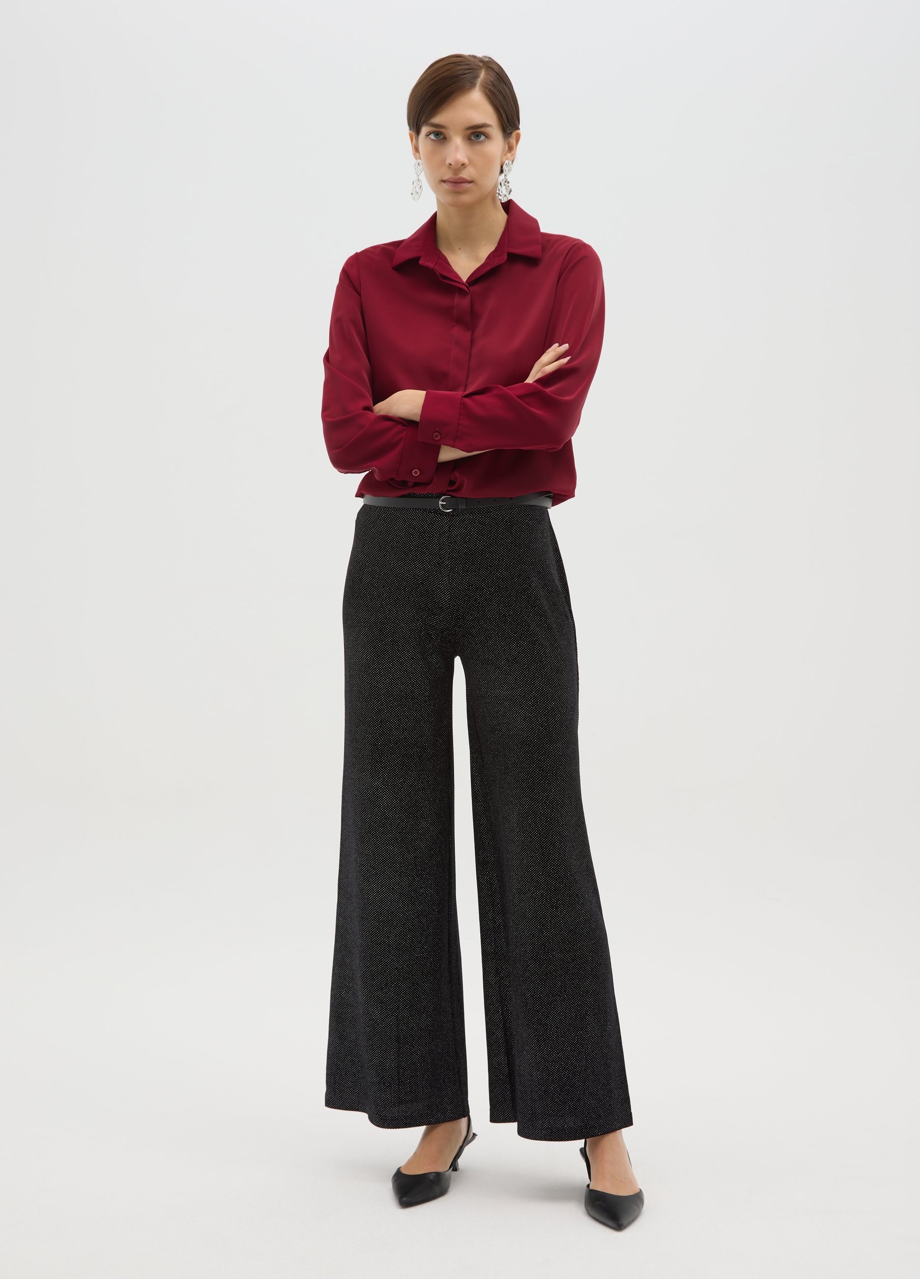 OVS, Pantaloni Neri A Gamba Larga Con Glitter, Donna, Nero, Taglia: M