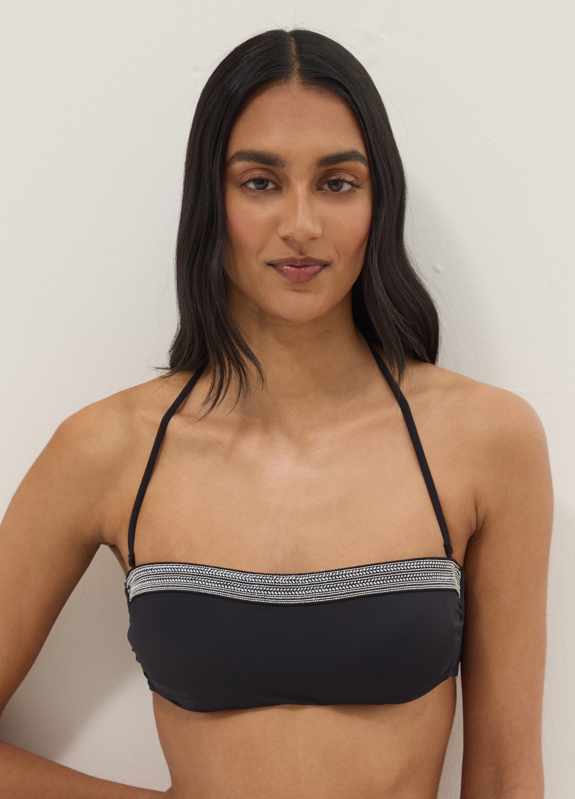 Top De Bikini Bandeau Negro En Tejido Elástico Con Abalorios, Mujer, Negro, Talla: 3