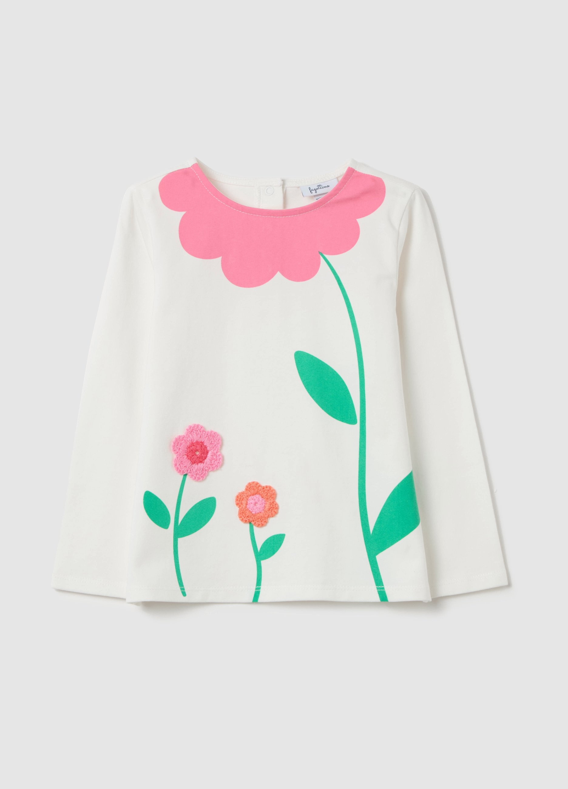 FAGOTTINO, T-shirt A Maniche Lunghe Con Fiori Crochet, Bambina, Bianco, Taglia: 9-12