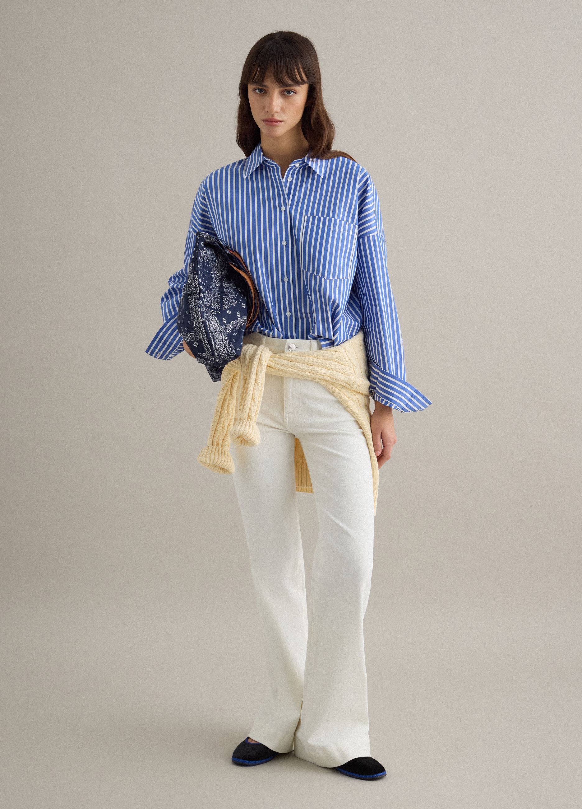 PIOMBO, Camisa De Ajuste Oversize En Puro Algodón Con Rayas Multicolor, Mujer, Azul/Blanco, Talla: 34