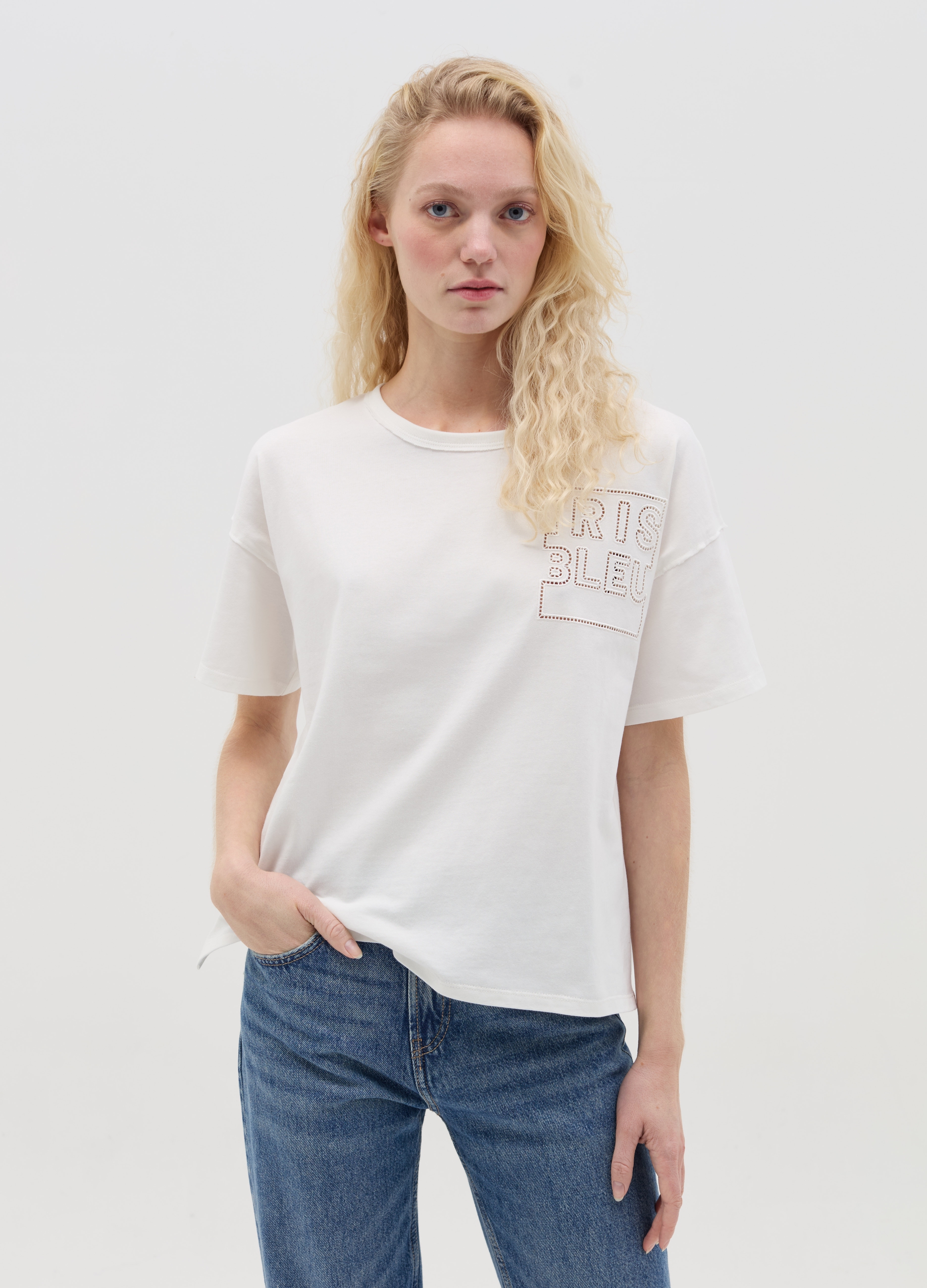 OVS , T-shirt Con Ricamo iris Bleu, Donna, Bianco, Taglia: S/M