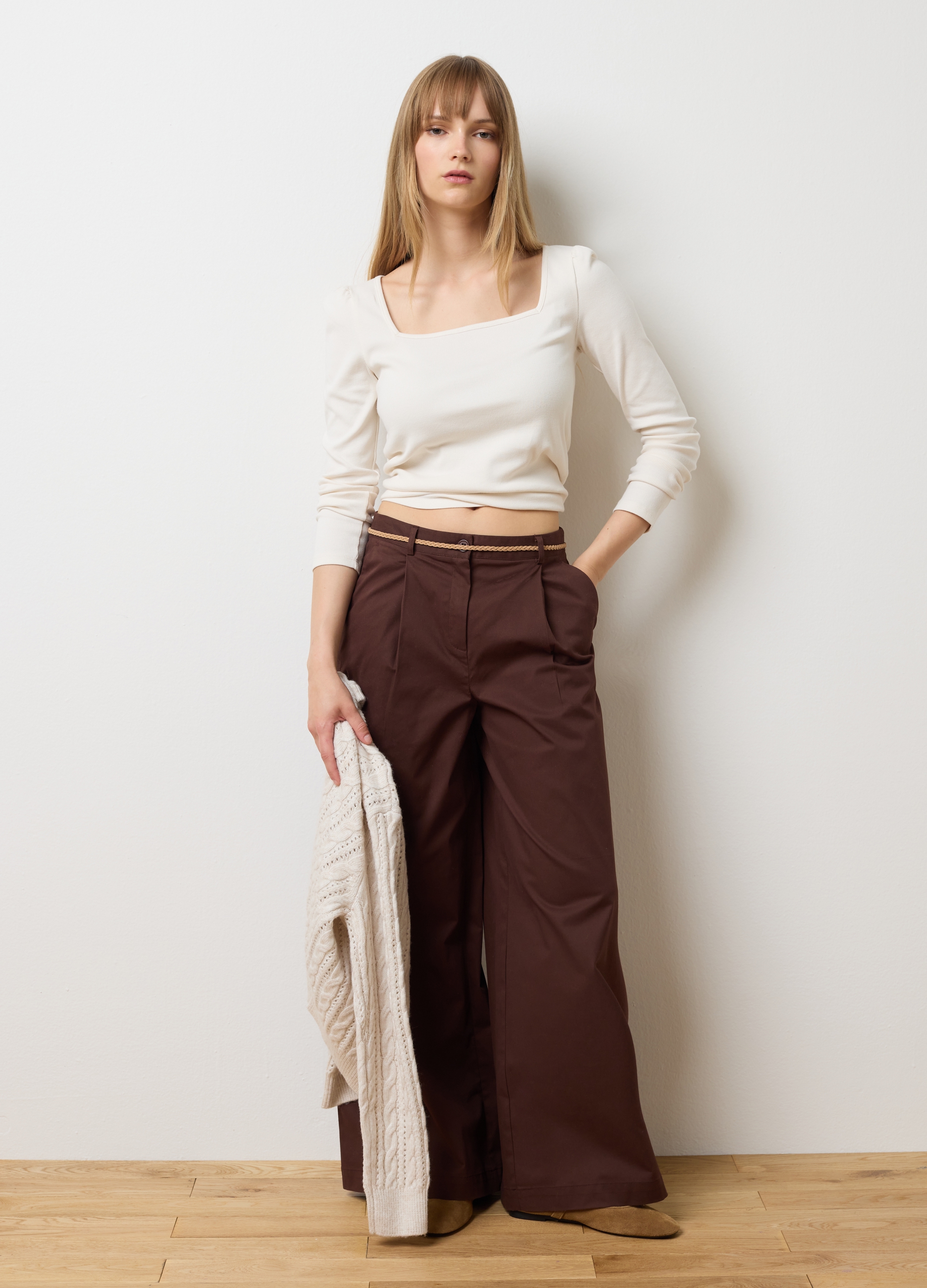 LES COPAINS, Pantaloni In Cotone Elasticizzato Marroni Wide Leg, Donna, Marrone, Taglia: 42