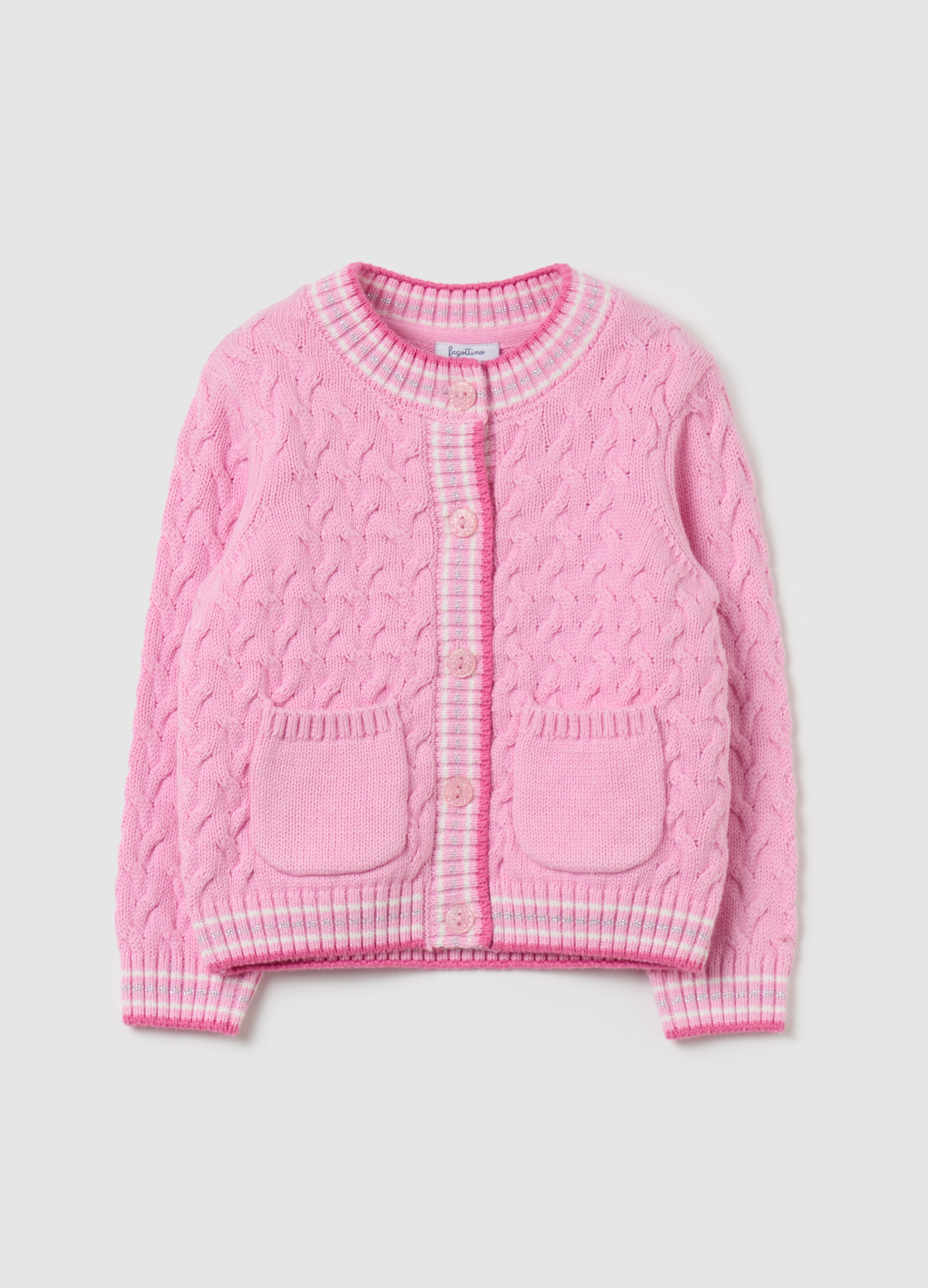 FAGOTTINO, Cardigan In Maglia A Trecce Con Lurex, Bambina, Rosa, Taglia: 18-24