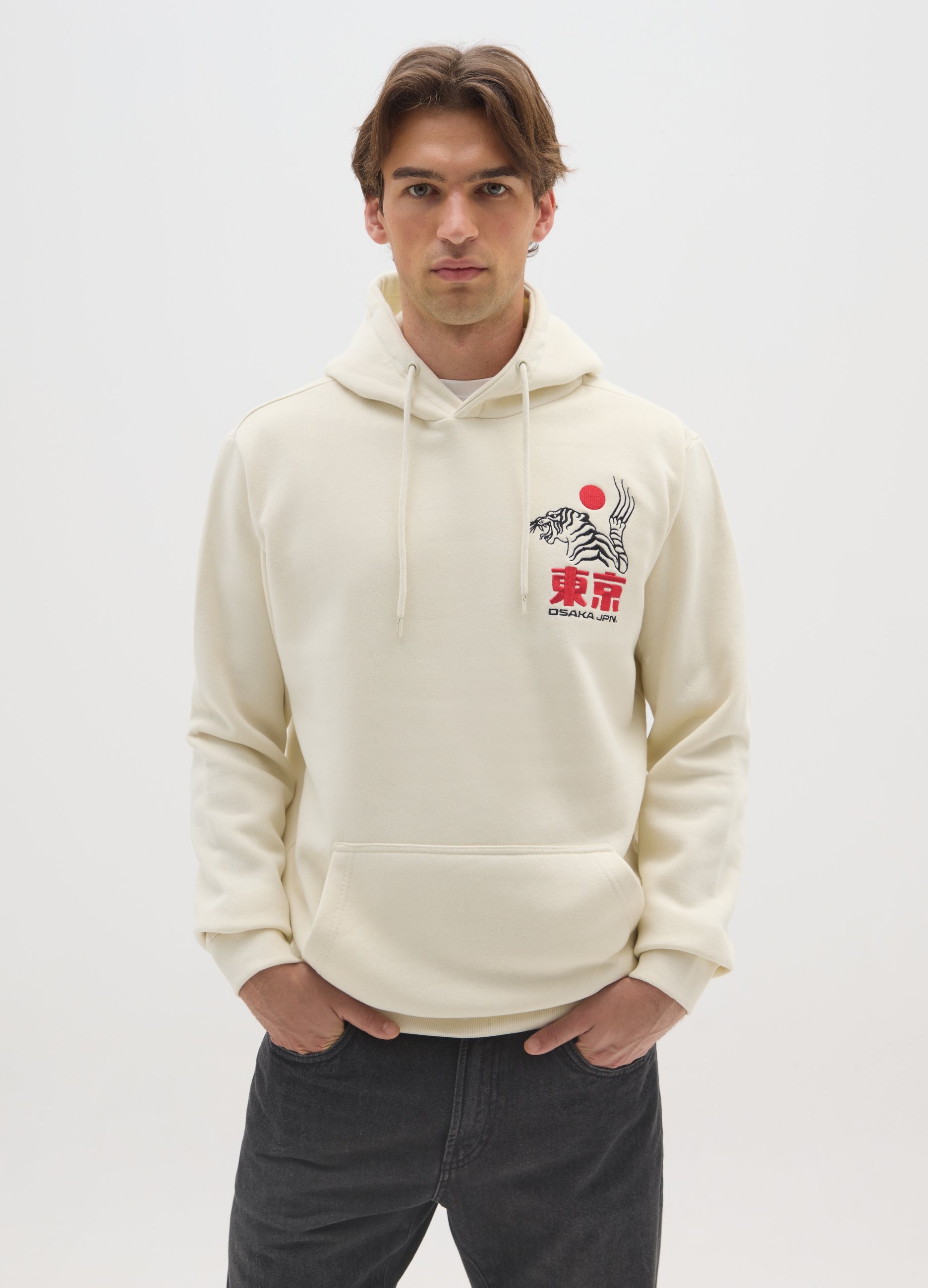 E-TEES, Felpa In Misto Cotone Beige Con Grafica Con Cappuccio, Uomo, Beige, Taglia: XL