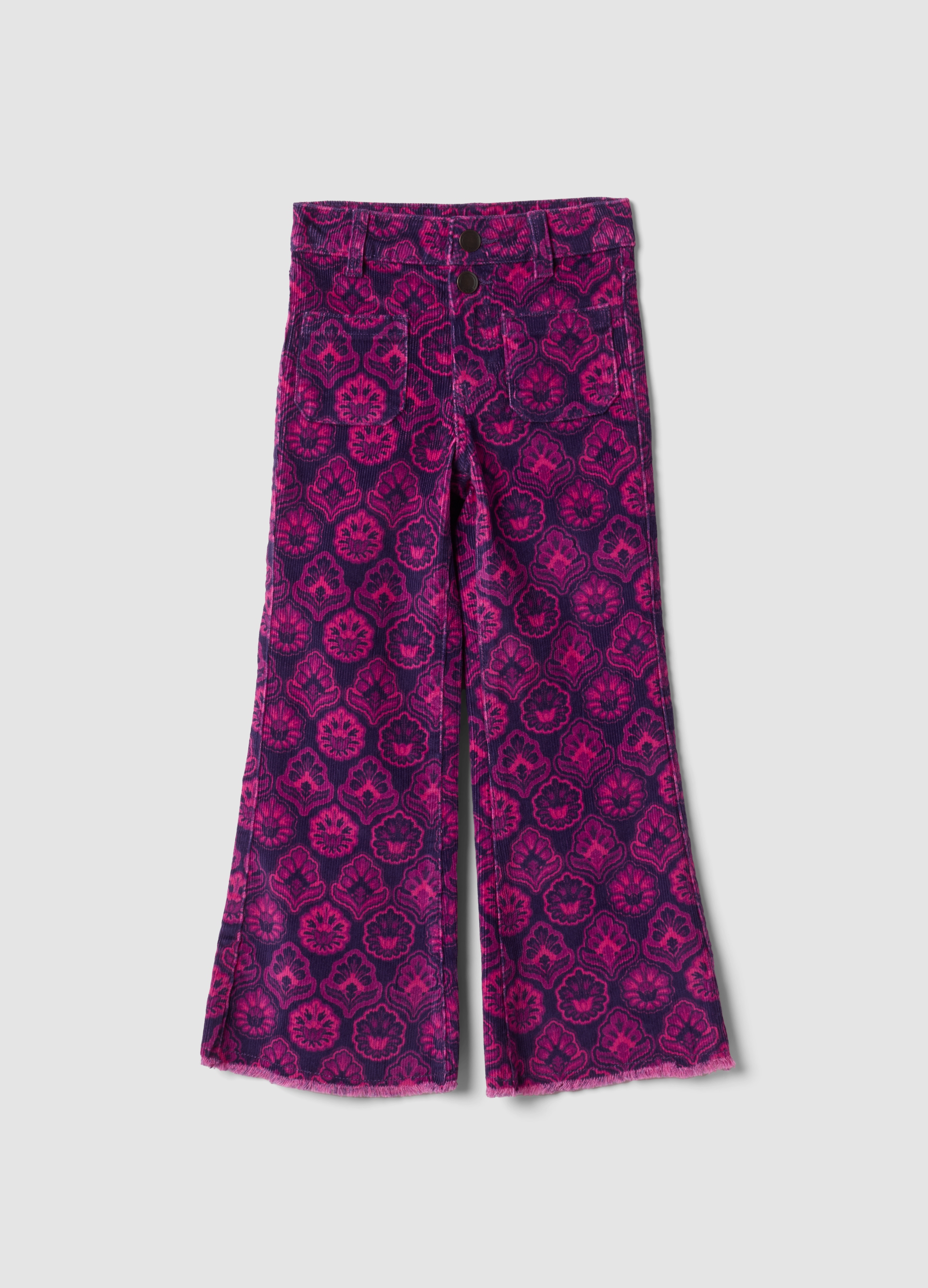 PIOMBO KIDS, Pantaloni Flare Viola A Coste In Cotone Elasticizzato Con Fantasia Floreale, Bambina, Viola, Taglia: 8