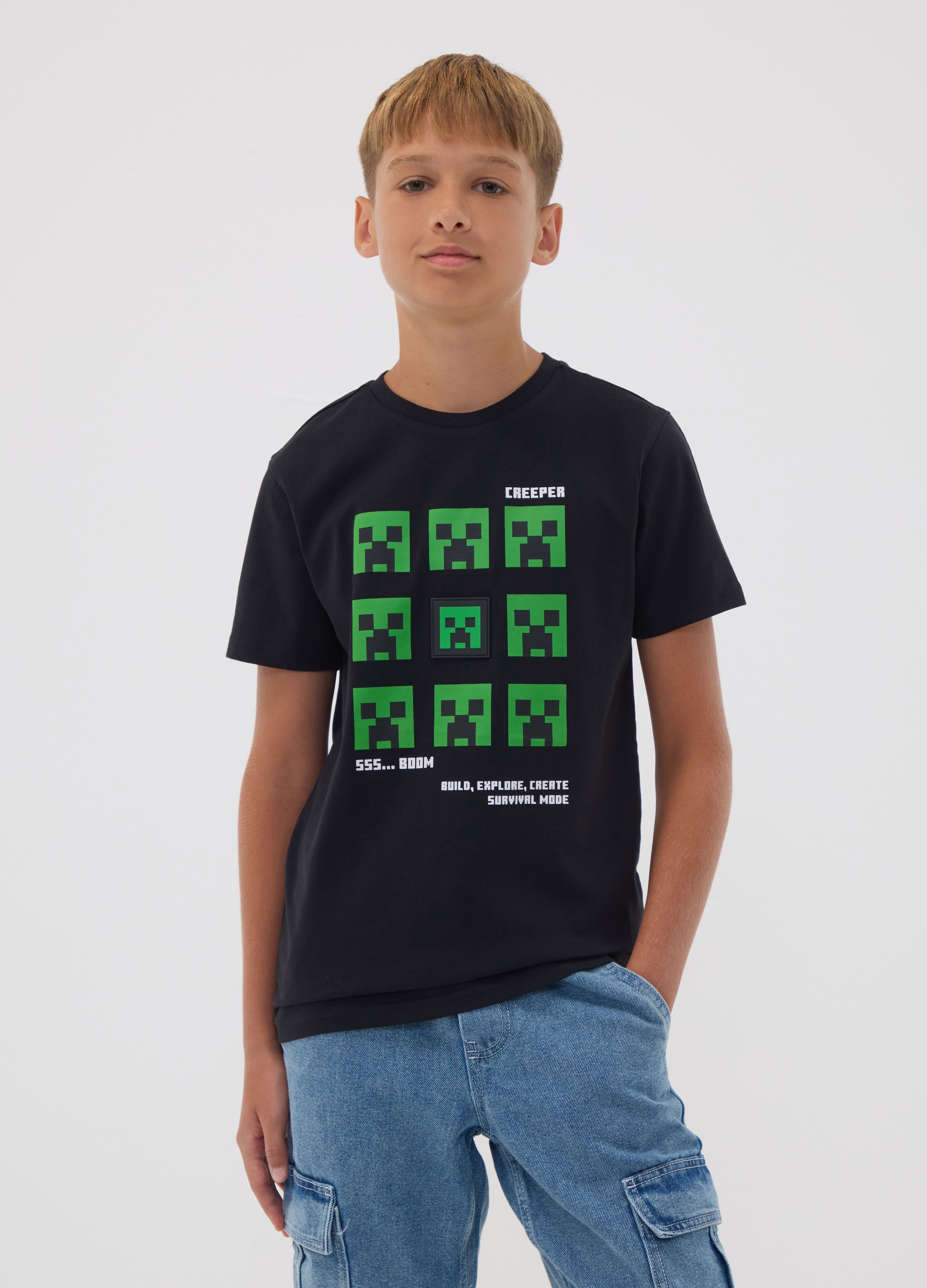 OVS KIDS , T-shirt Nera In Puro Cotone Con Stampa Minecraft Per Ragazzo, Bambino, Nero, Taglia: 13-14