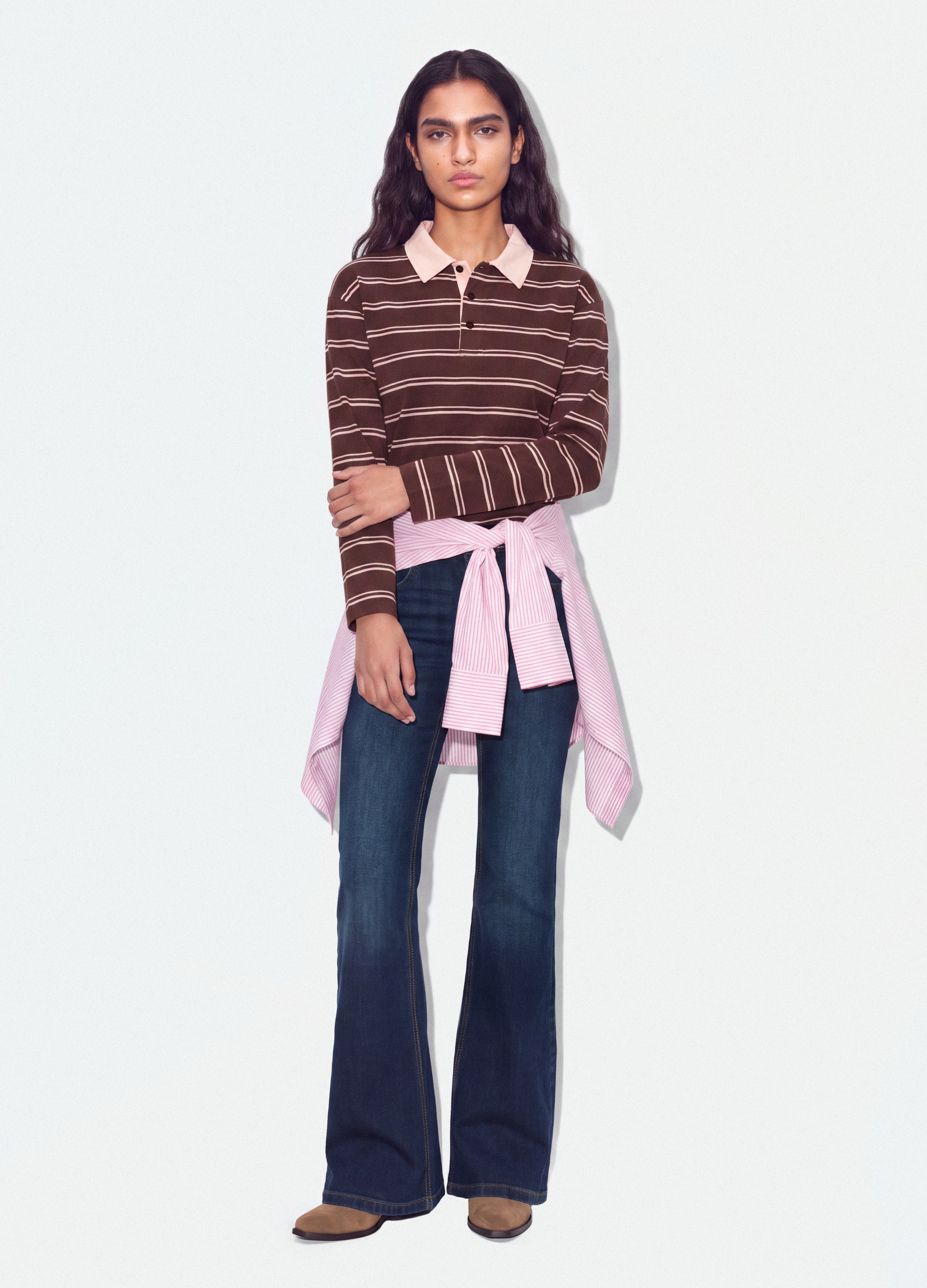 B.ANGEL, Polo Marrone In Puro Cotone A Righe Maniche Lunghe Regular Fit, Donna, Marrone, Taglia: S