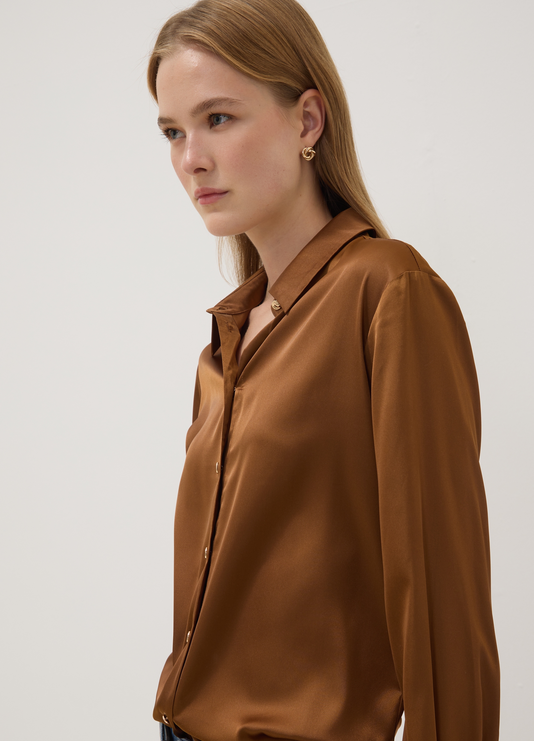 OVS, Camicia Marrone In Tessuto Elasticizzato Con Collo Classico, Donna, Marrone, Taglia: 38