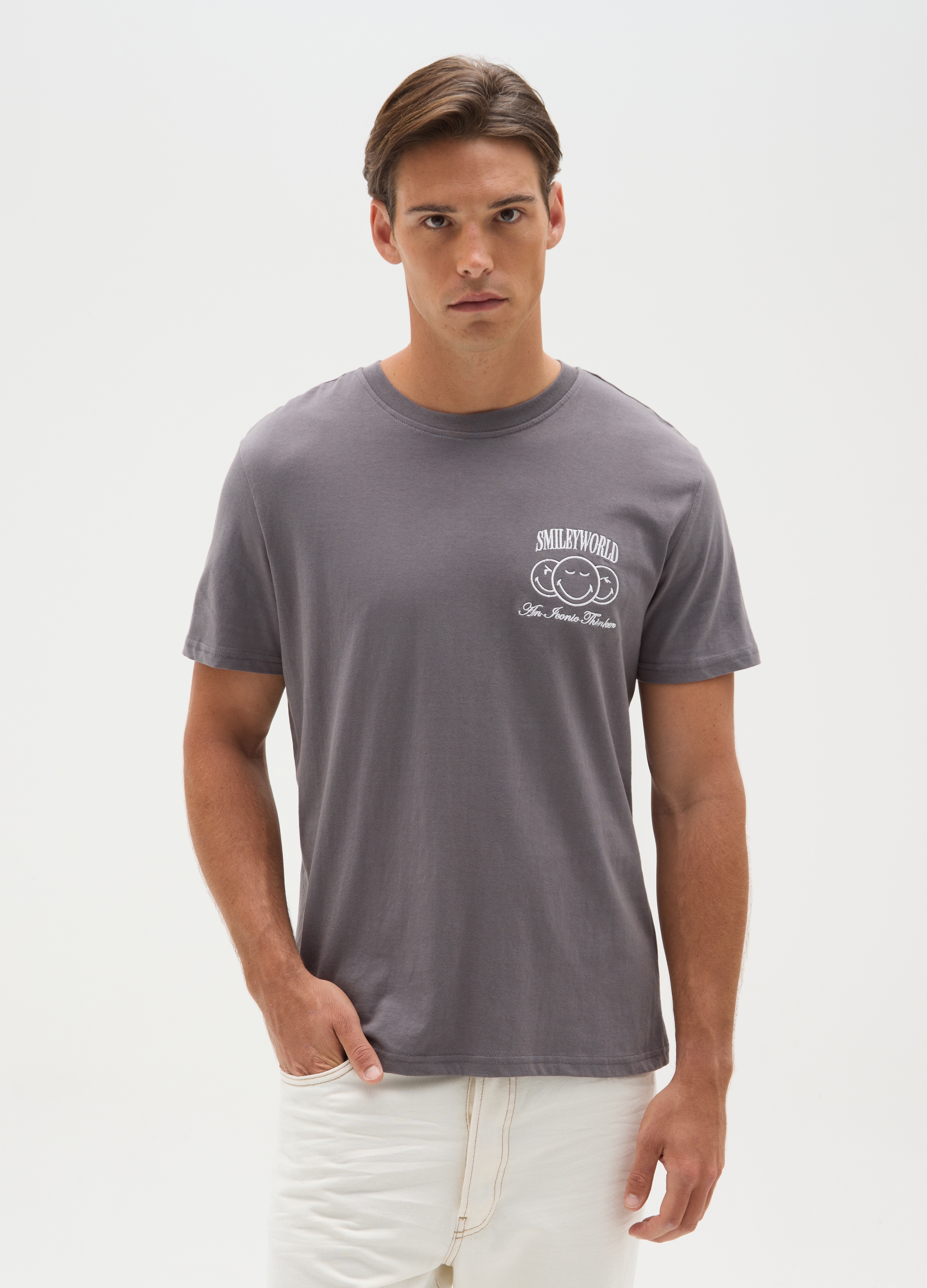 OVS , T-shirt Smileyworld® In Puro Cotone Grigia Regular Fit, Uomo, Grigio, Taglia: S