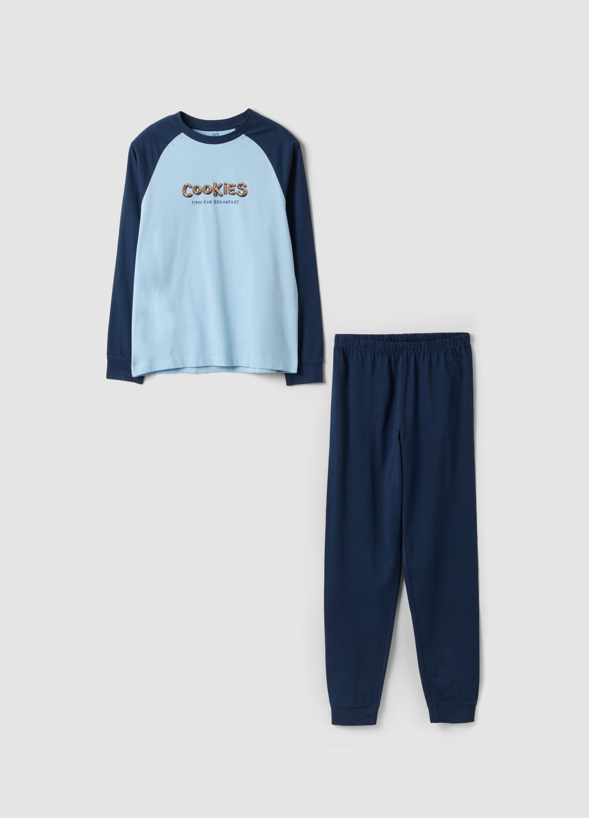 OVS KIDS, Pigiama Blu In Puro Cotone Organico Con Scritta "cookies" Per Bambino, Blu, Taglia: 13-14