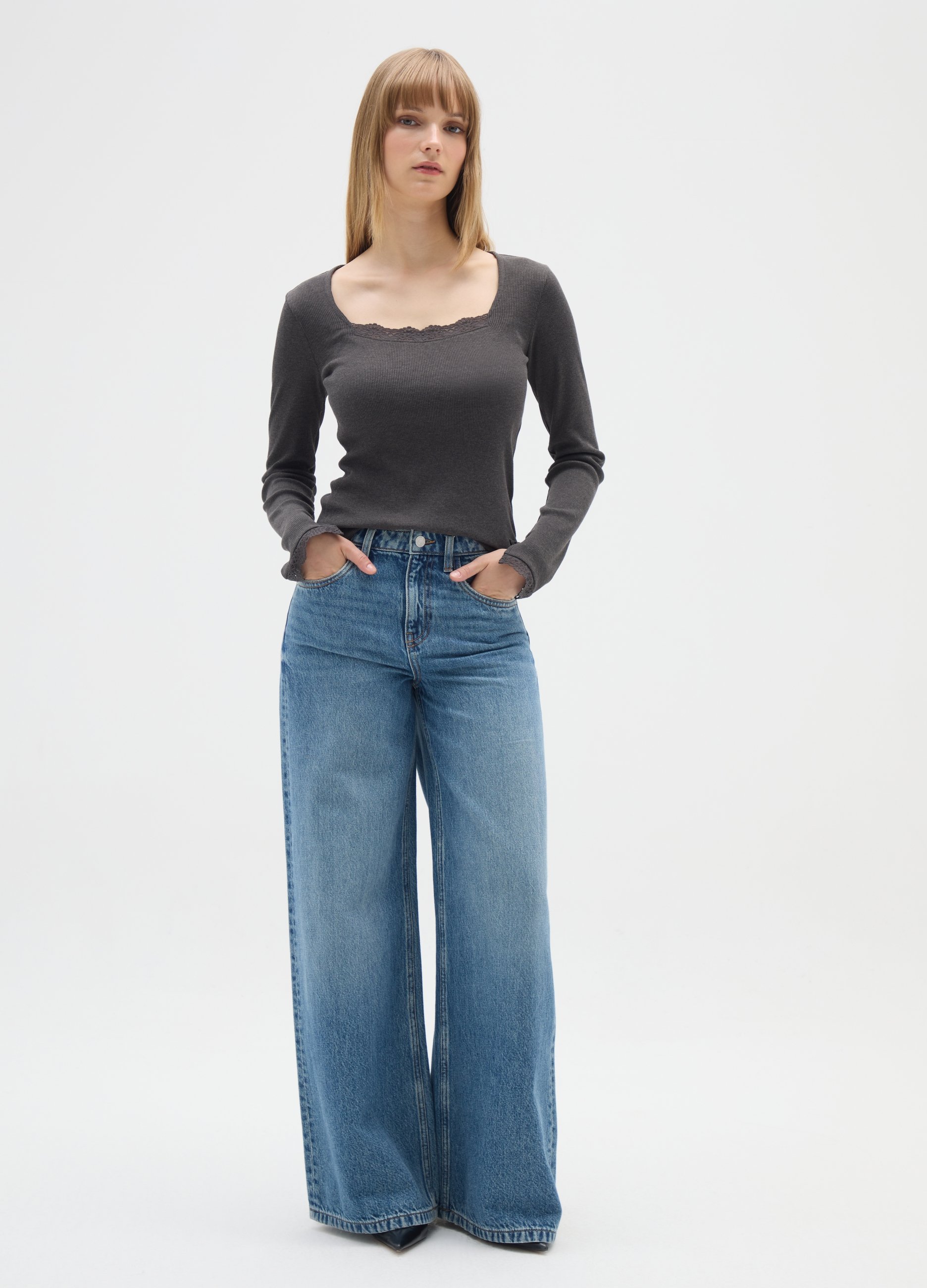 OVS , Maglia Grigia A Maniche Lunghe In Misto Cotone, Donna, Grigio, Taglia: M