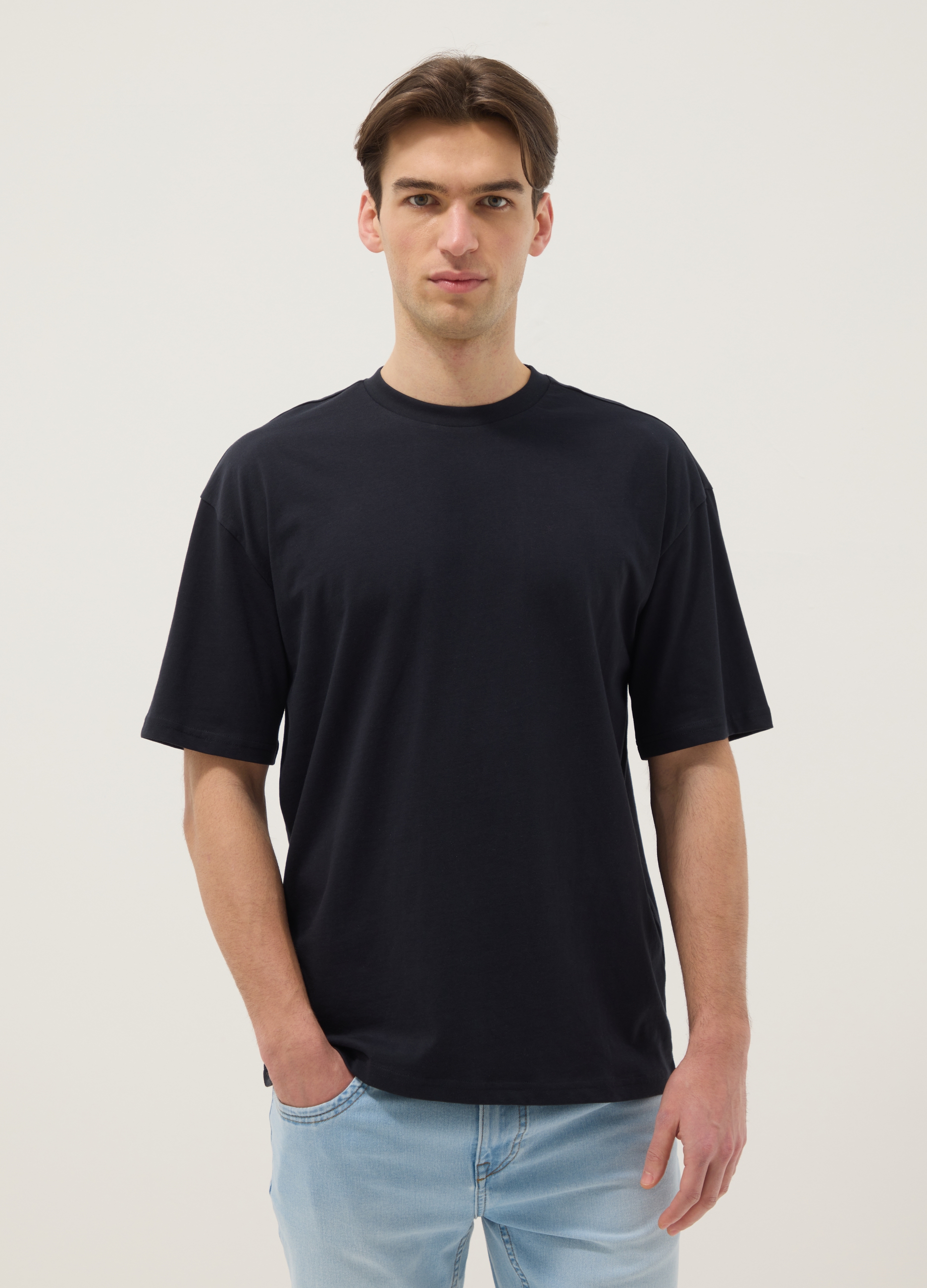 Camiseta Negra De Algodón Puro Corte Relajado, Hombre, Gunmetal, Talla: L