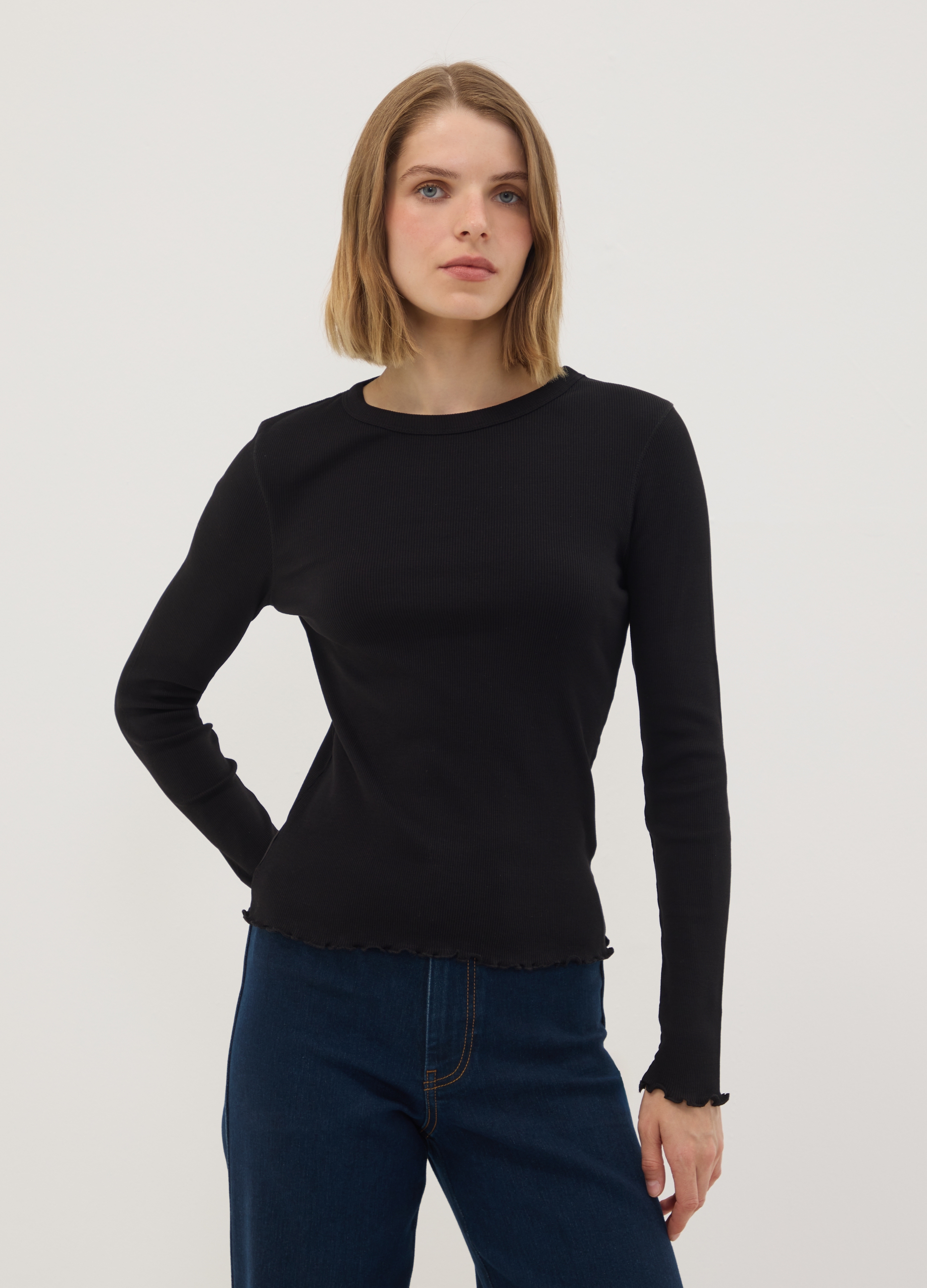 OVS, T-shirt Nera In Puro Cotone A Maniche Lunghe Girocollo Regular Fit, Donna, Nero, Taglia: M