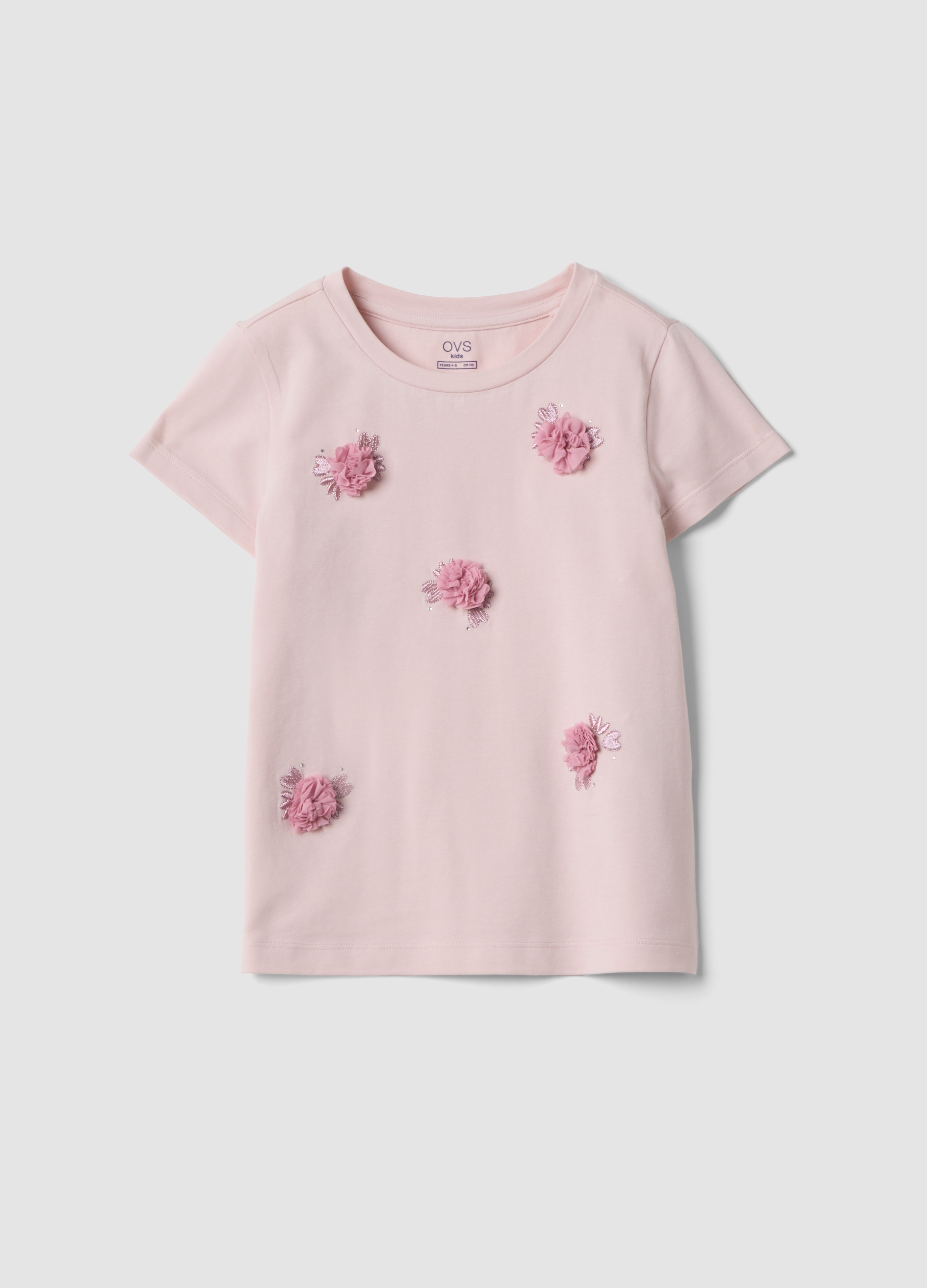 OVS KIDS, Camiseta Rosa De Algodón Elástico De Manga Corta Con Aplicaciones Florales, Niña, Rosa, Talla: 9-10