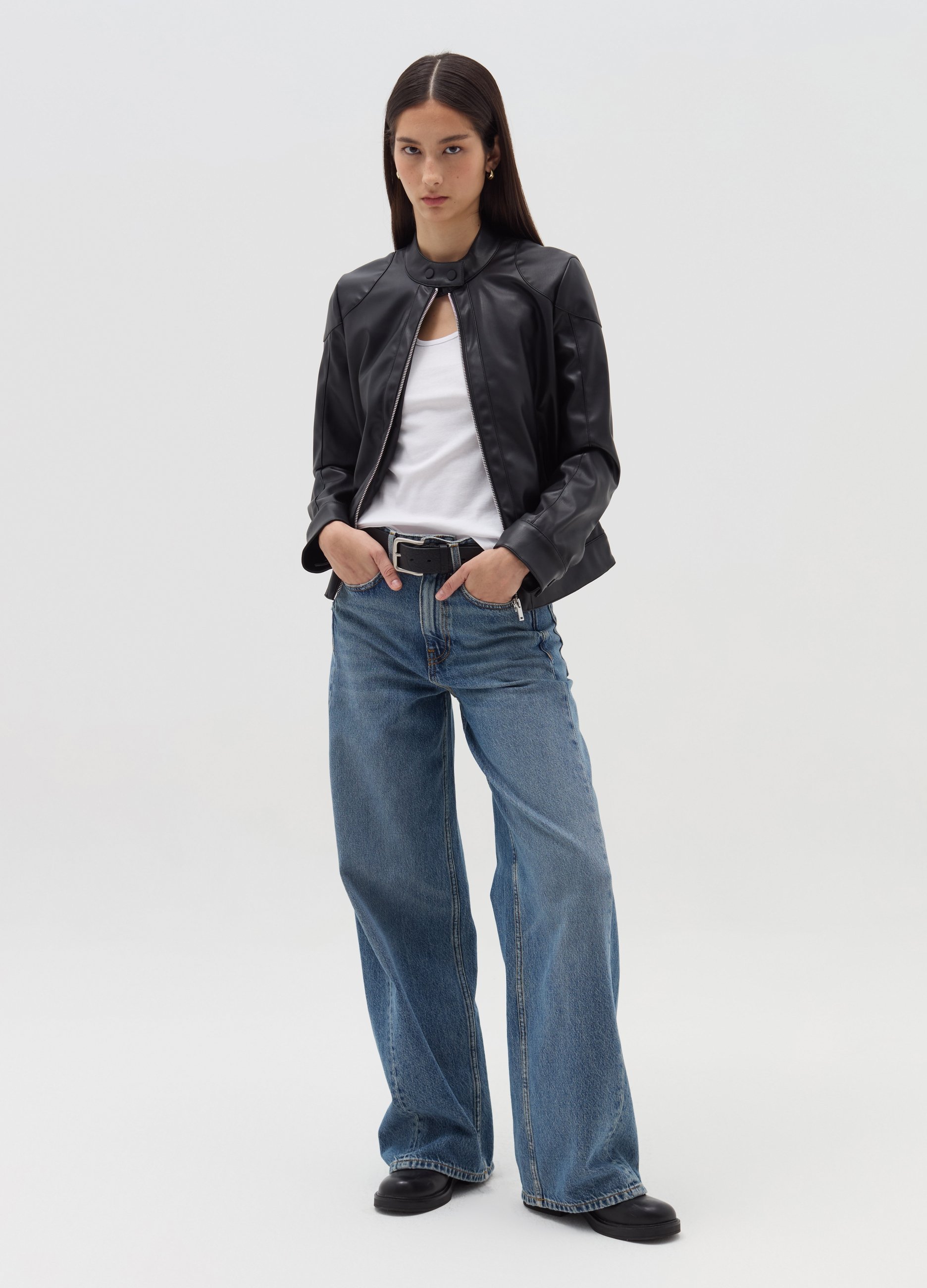 OVS, Giacca Chiodo Full-zip Con Bottoni Al Collo, Donna, Nero, Taglia: M