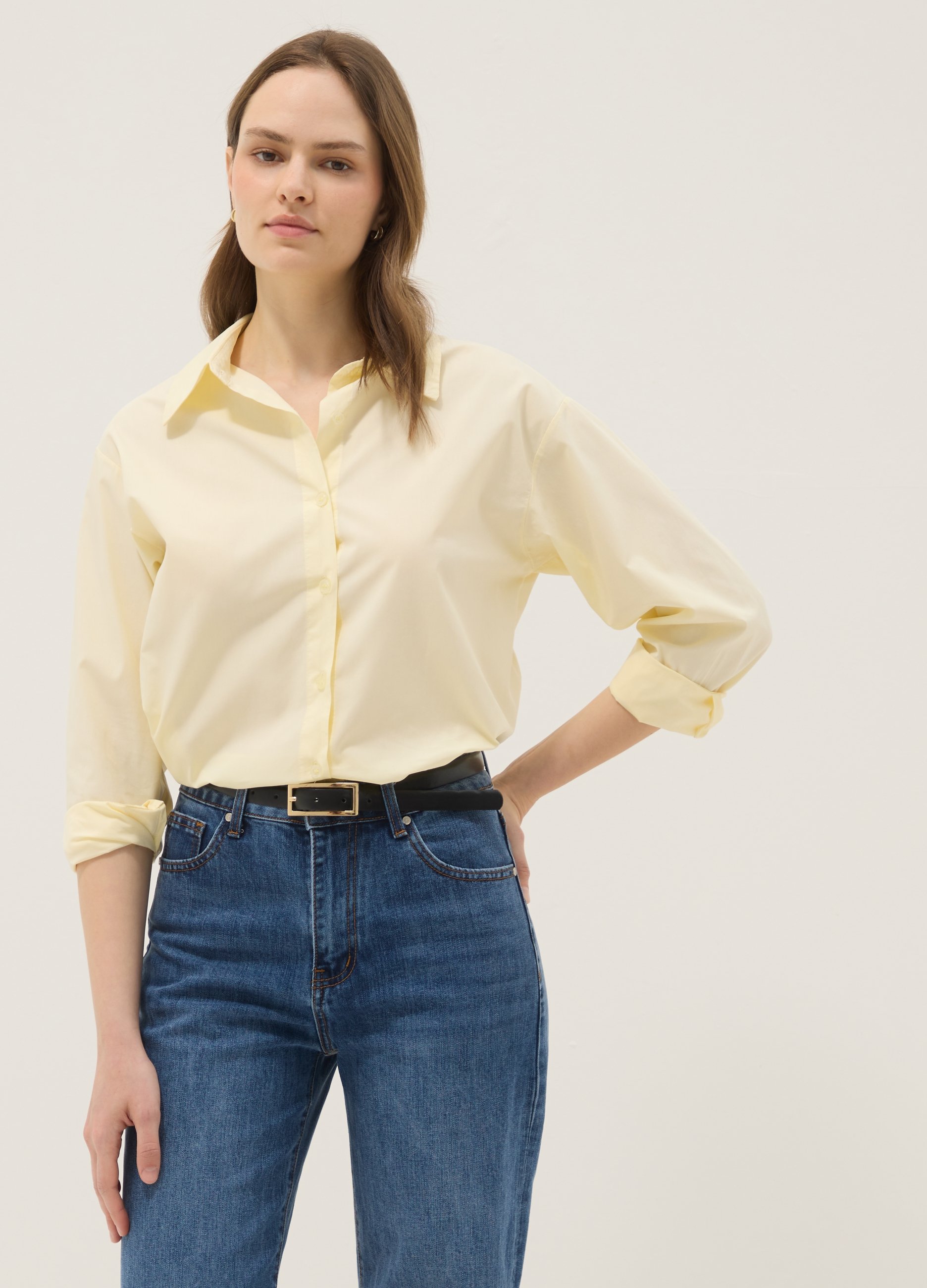 HYBRID, Camicia Gialla In Puro Cotone Slim Fit, Donna, Giallo, Taglia: L/XL