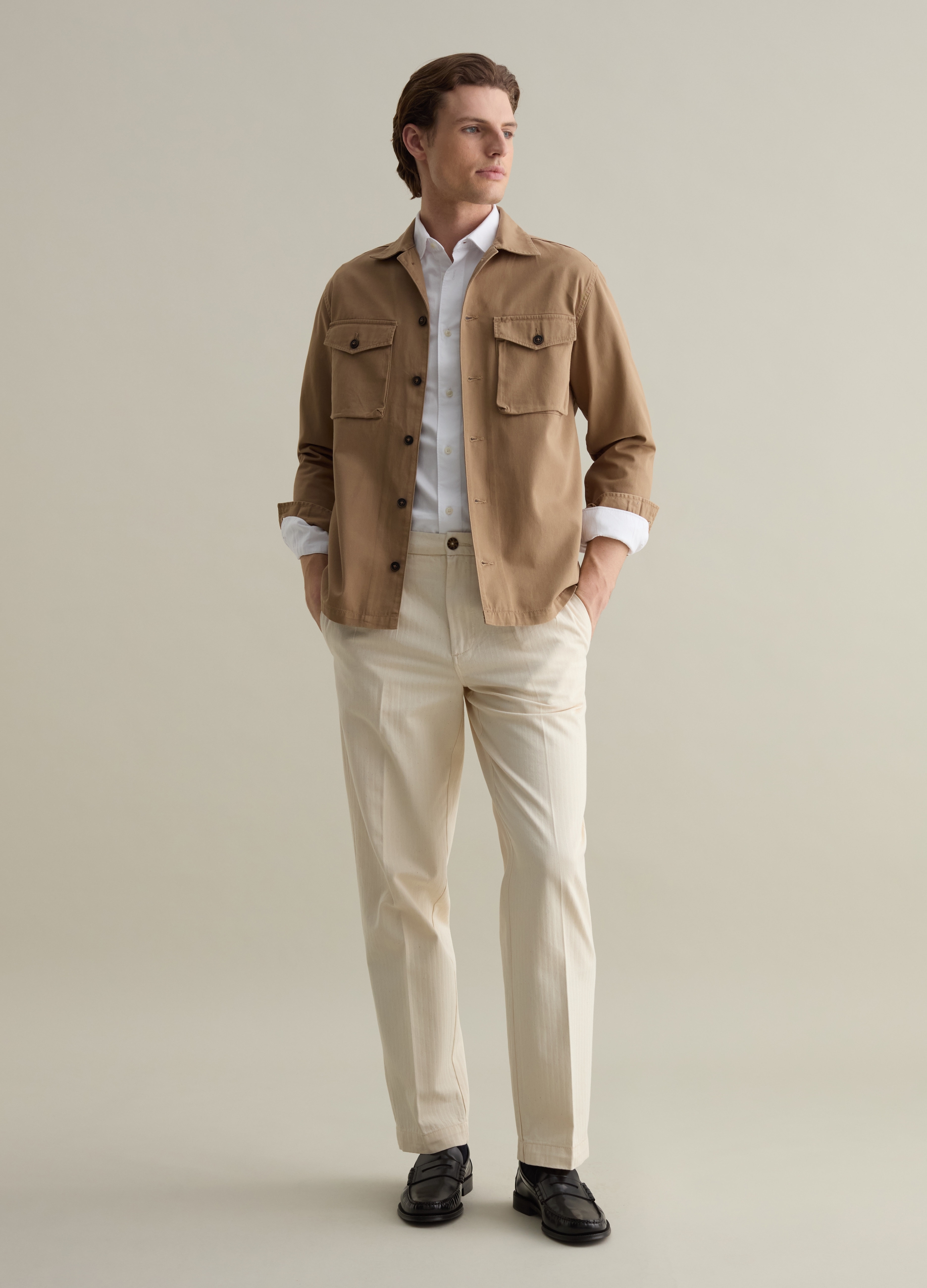 PIOMBO, Sobrecamisa De Sarga Color Liso, Hombre, Beige, Talla: L