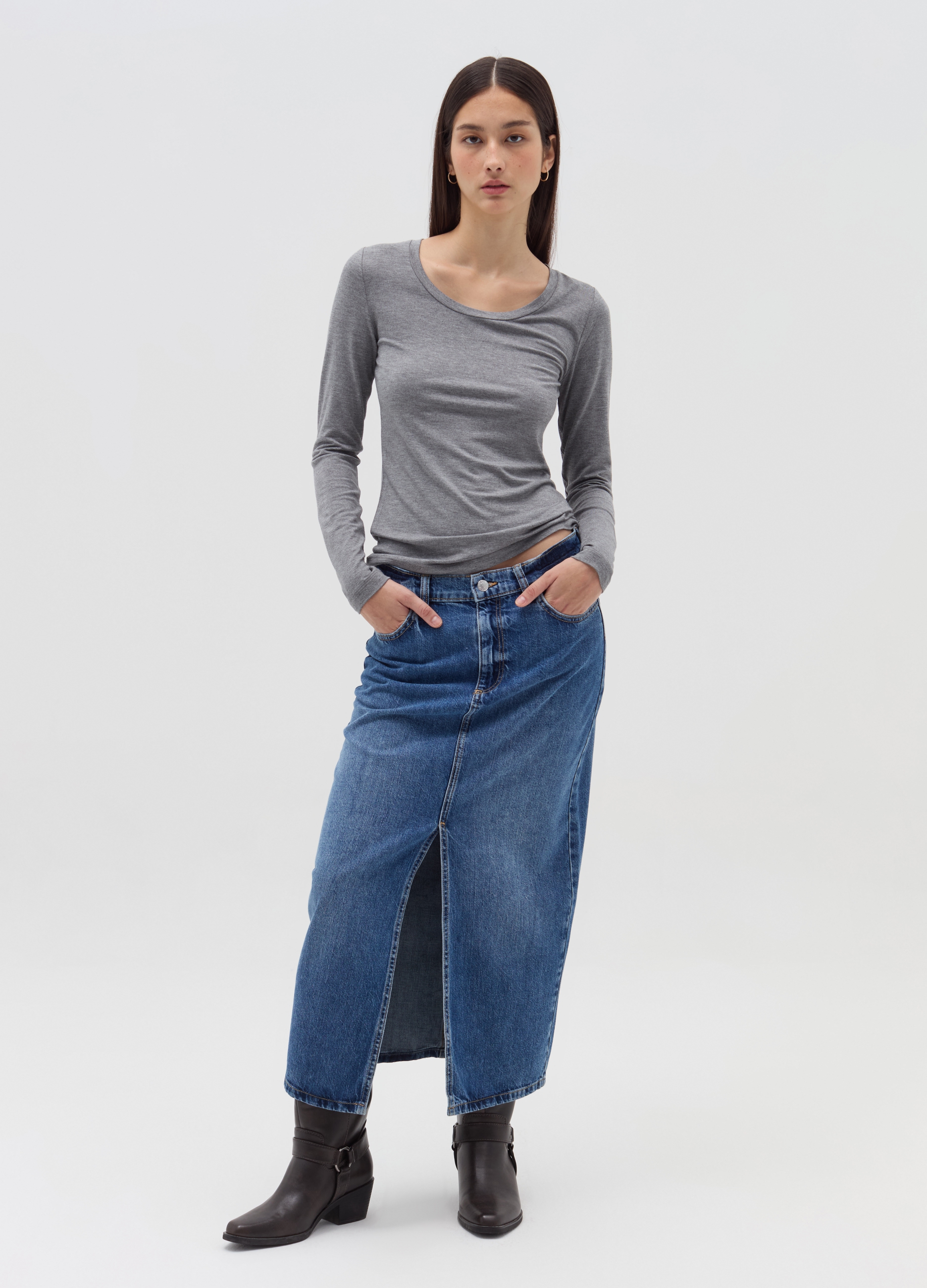 Camiseta De Manga Larga De Viscosa Elástica, Mujer, Gris jaspeado, Talla: 40