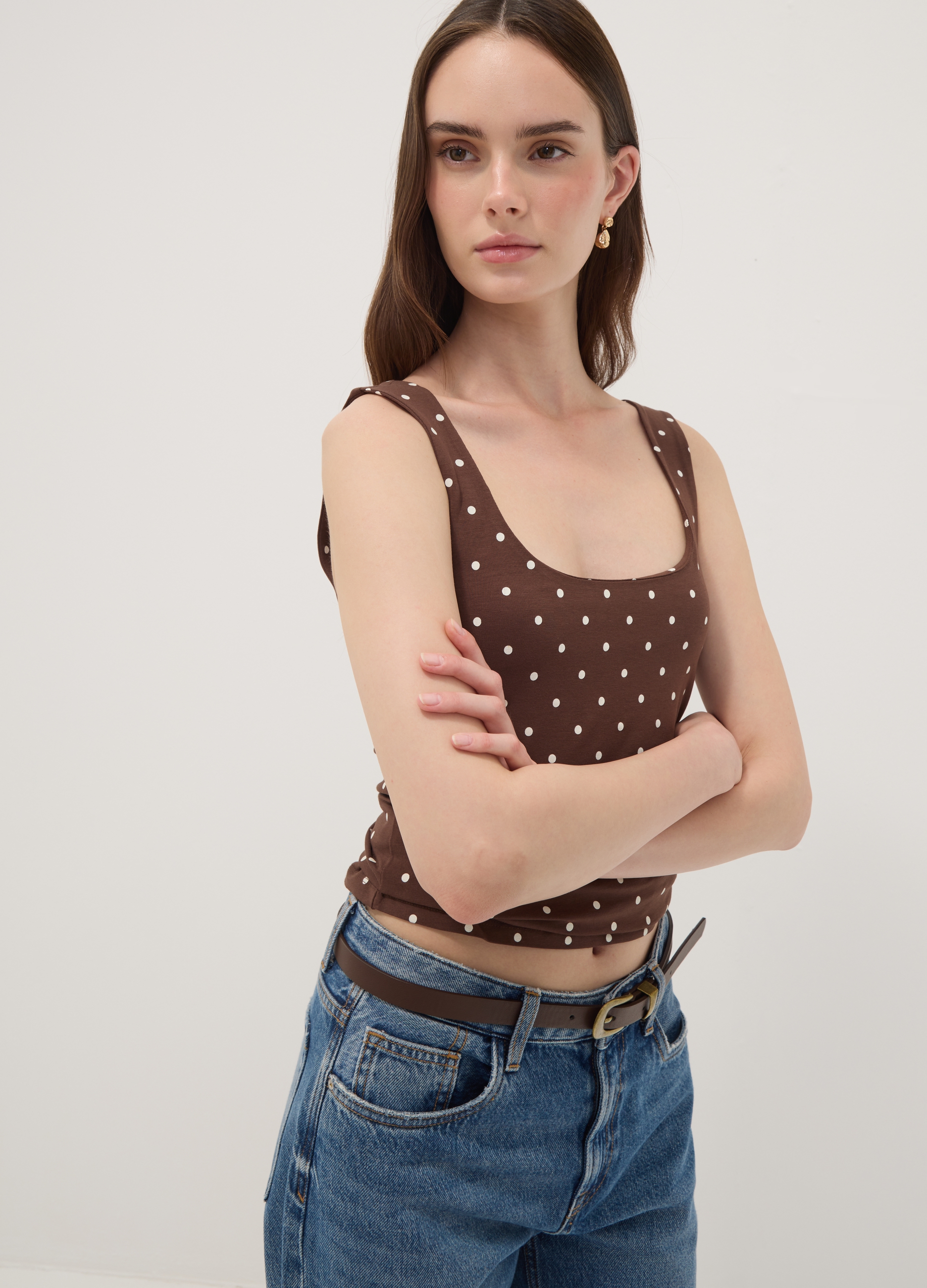 OVS, Top Marrone Fitted In Cotone Elasticizzato A Pois, Donna, Marrone, Taglia: XL