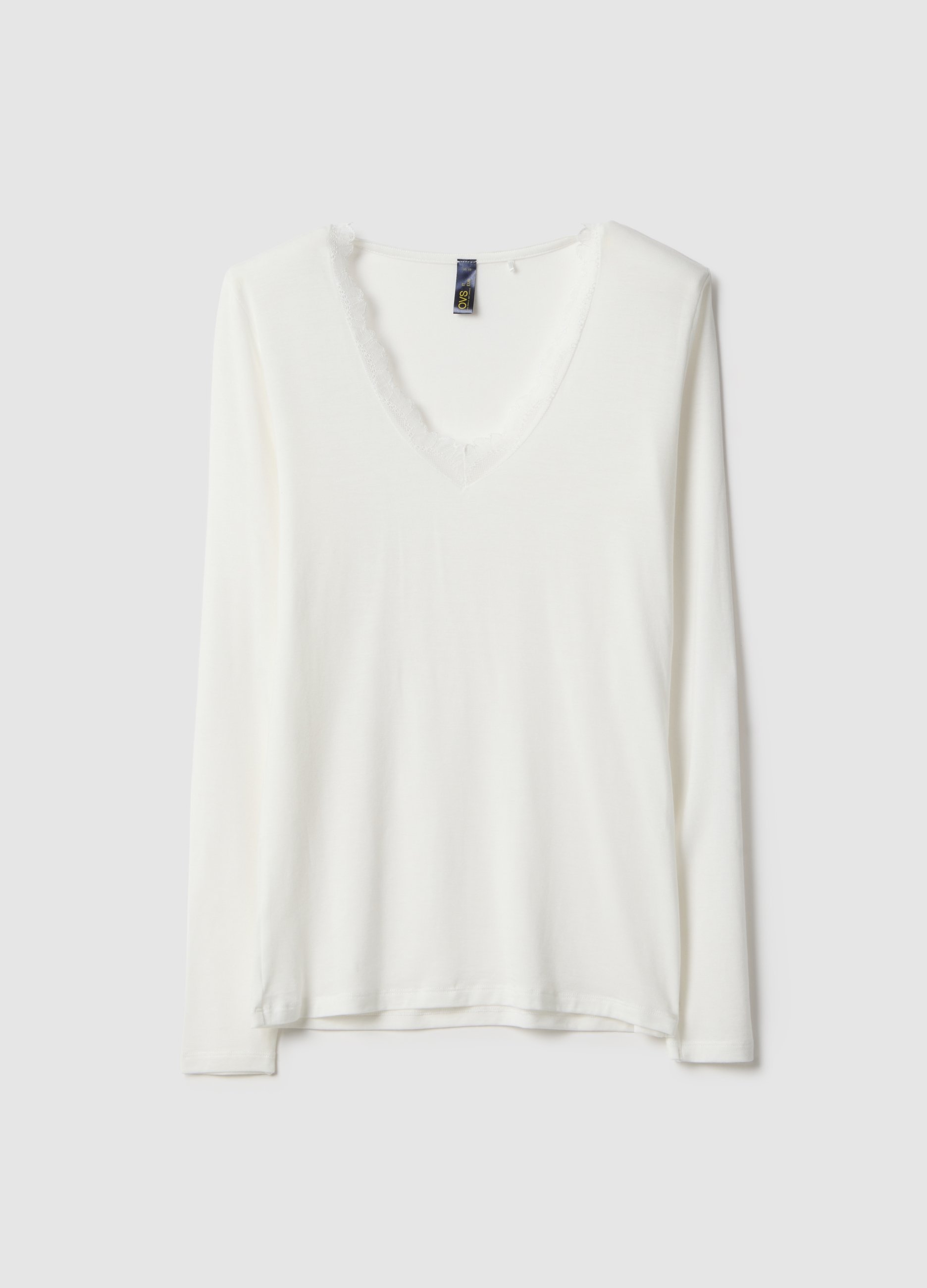 OVS, Maglia A Maniche Lunghe Nera Regular Fit E Bordi In Pizzo, Donna, Nero, Taglia: S