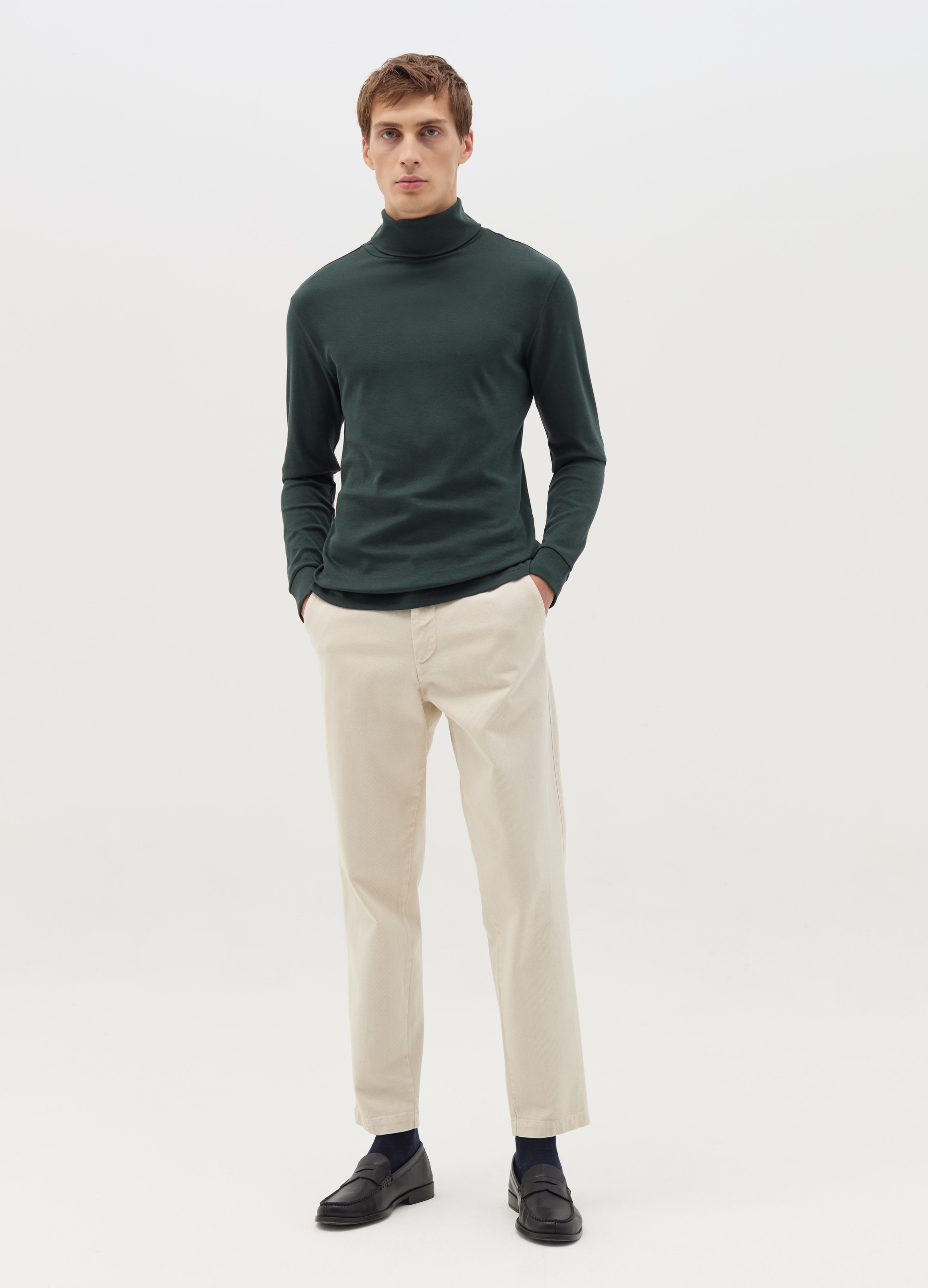 Camiseta De Algodón Entretejido De Cuello Alto, Hombre, Verde oscuro, Talla: XL