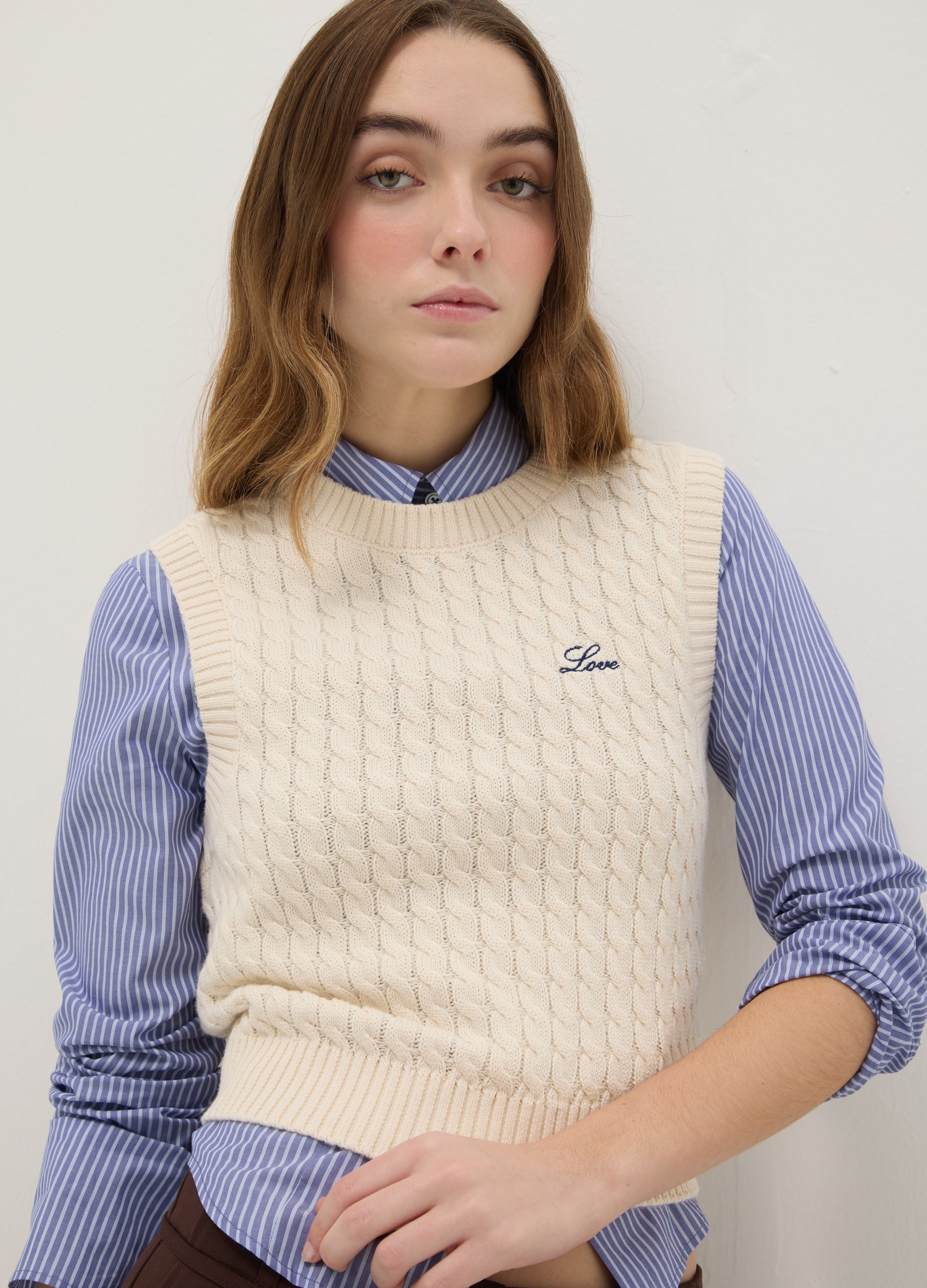 B.ANGEL, Chaleco Beige De Algodón Puro Regular Fit Con Diseño De Trenzas, Mujer, Blanco crema, Talla: 36