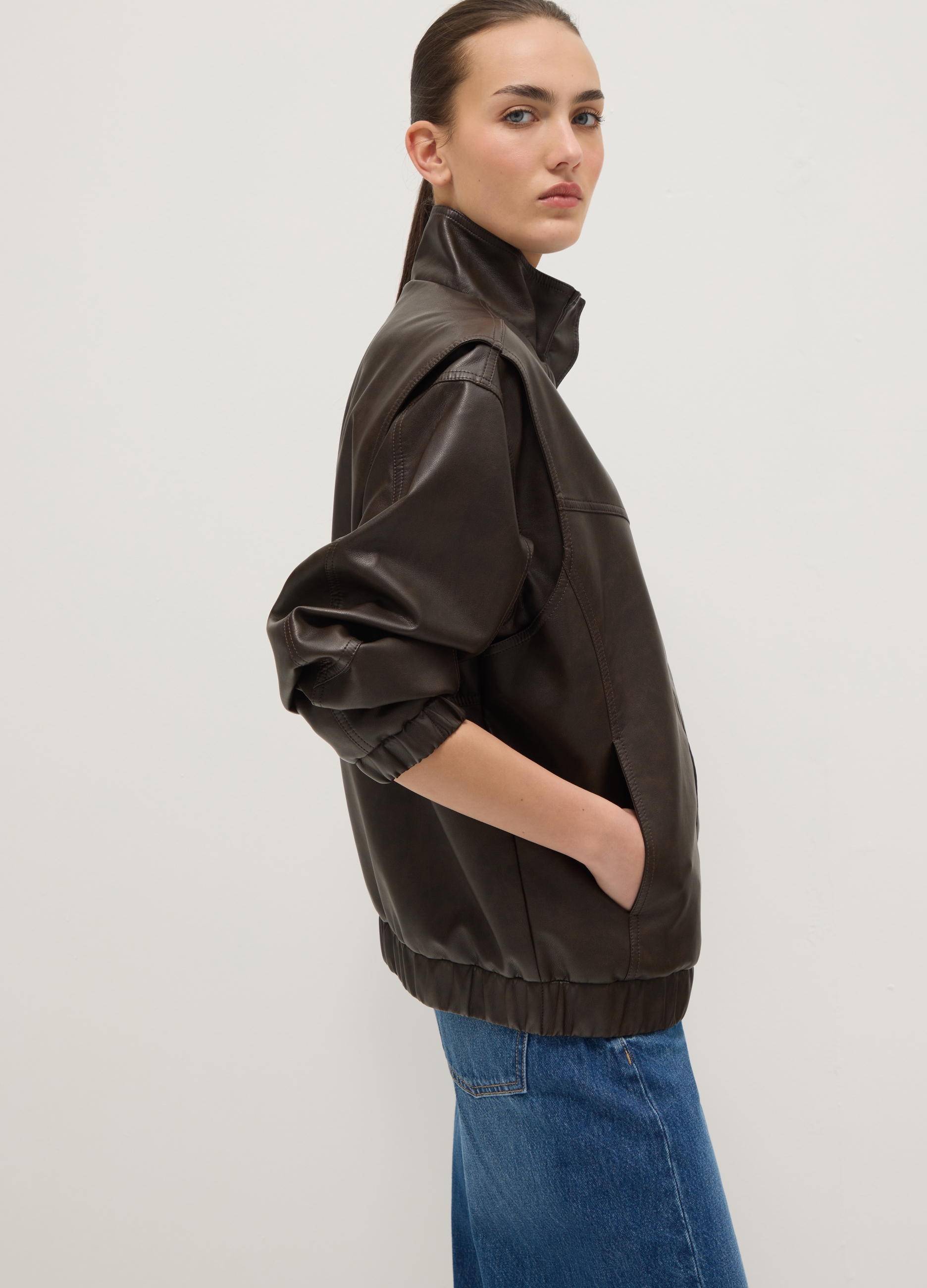 B.ANGEL, Chaqueta Biker Marrón Corte Suelto Con Cremallera Y Botones, Mujer, Marrón oscuro, Talla: M/L