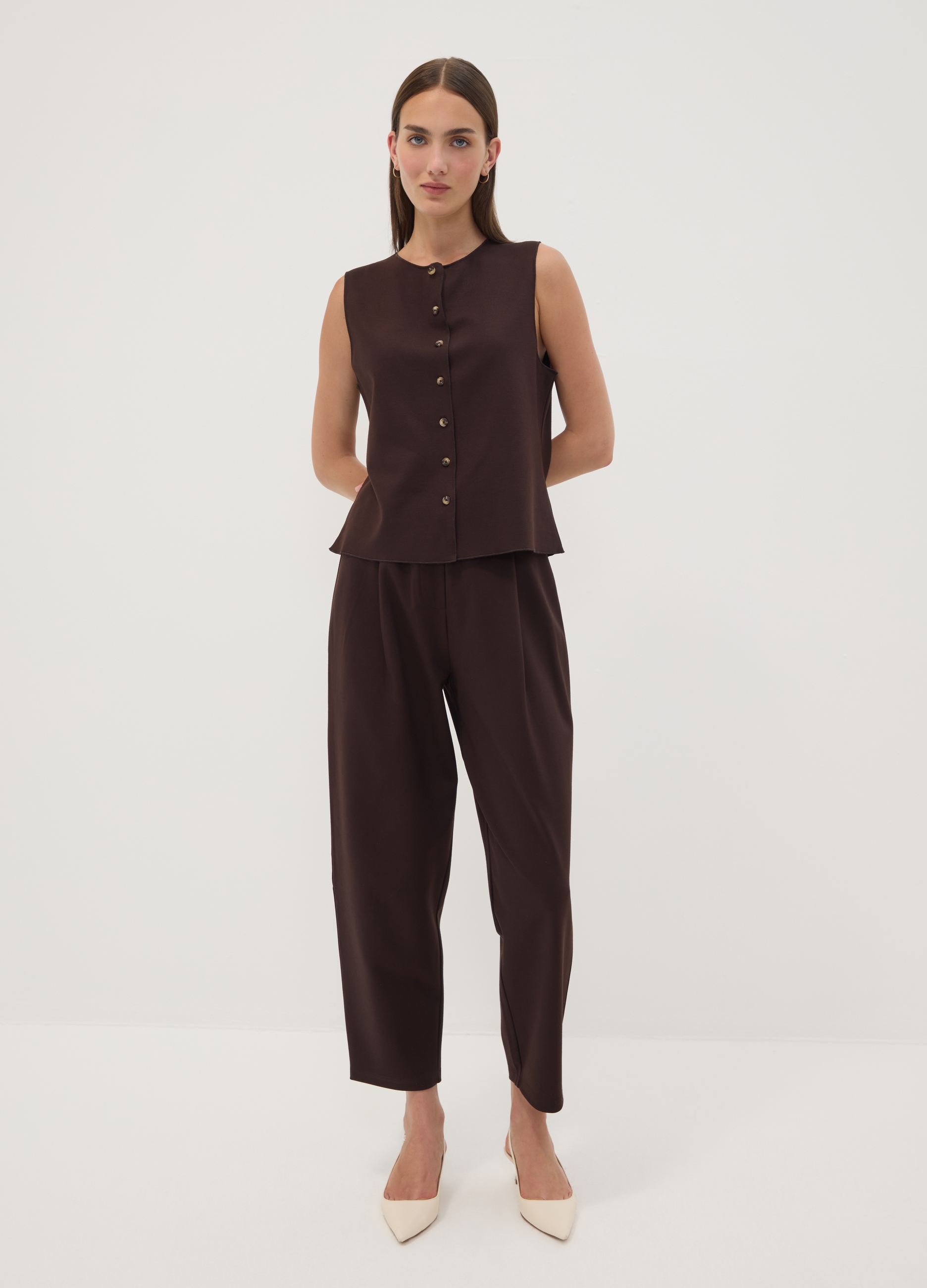 OVS, Pantaloni Jogger Marroni In Punto Milano Di Viscosa Elasticizzata Barrel Fit, Donna, Marrone, Taglia: S