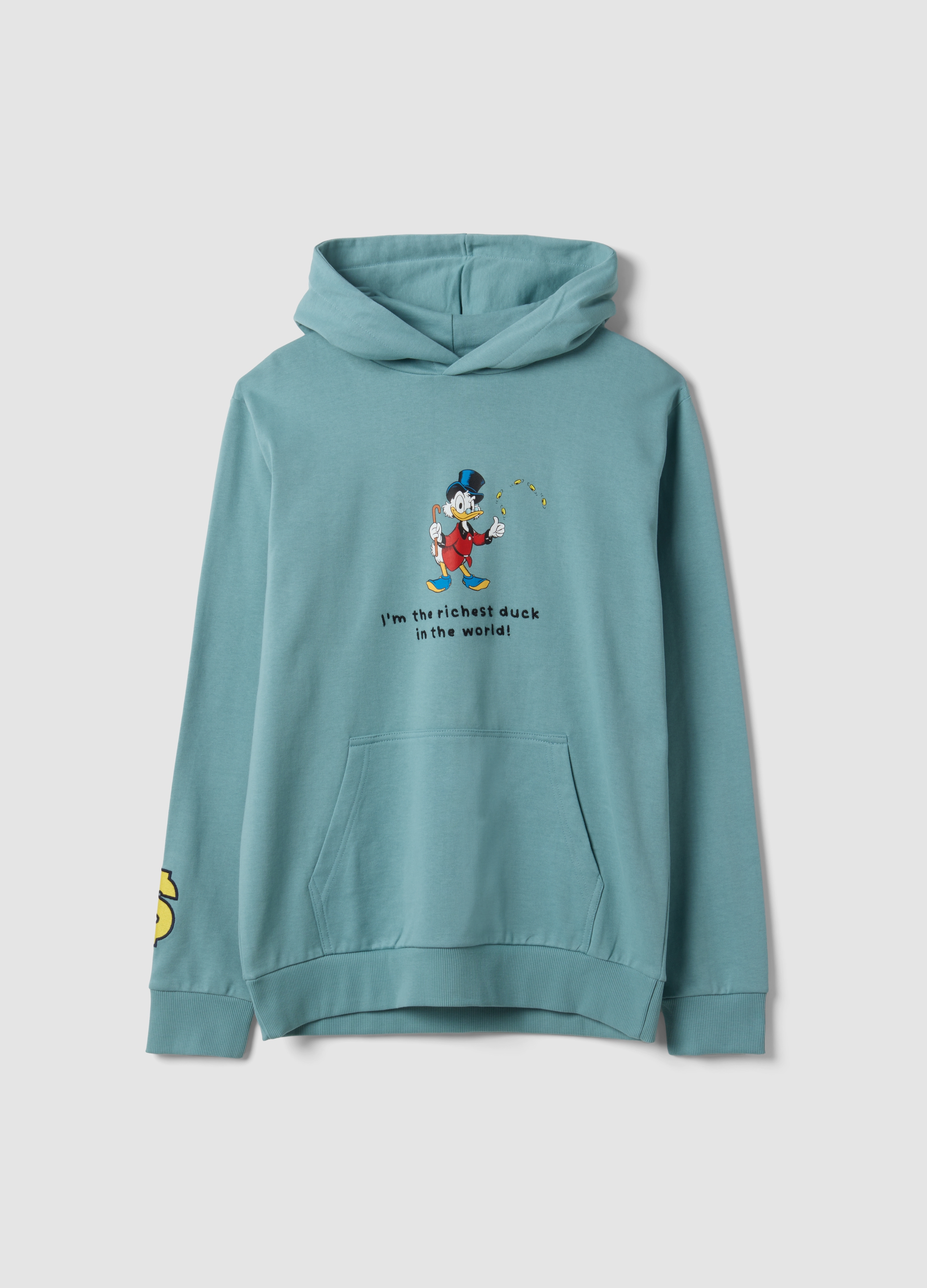 DISNEY, Felpa Verde Con Cappuccio In Puro Cotone Con Stampa Zio Paperone, Unisex, Verde, Taglia: S