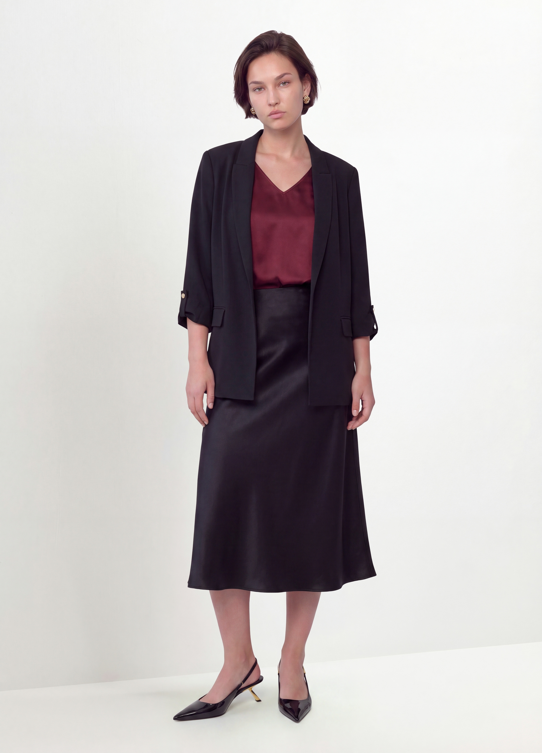 MYA, Gonna Midi Nera Satinata In Tessuto Elasticizzato, Donna, Nero, Taglia: M
