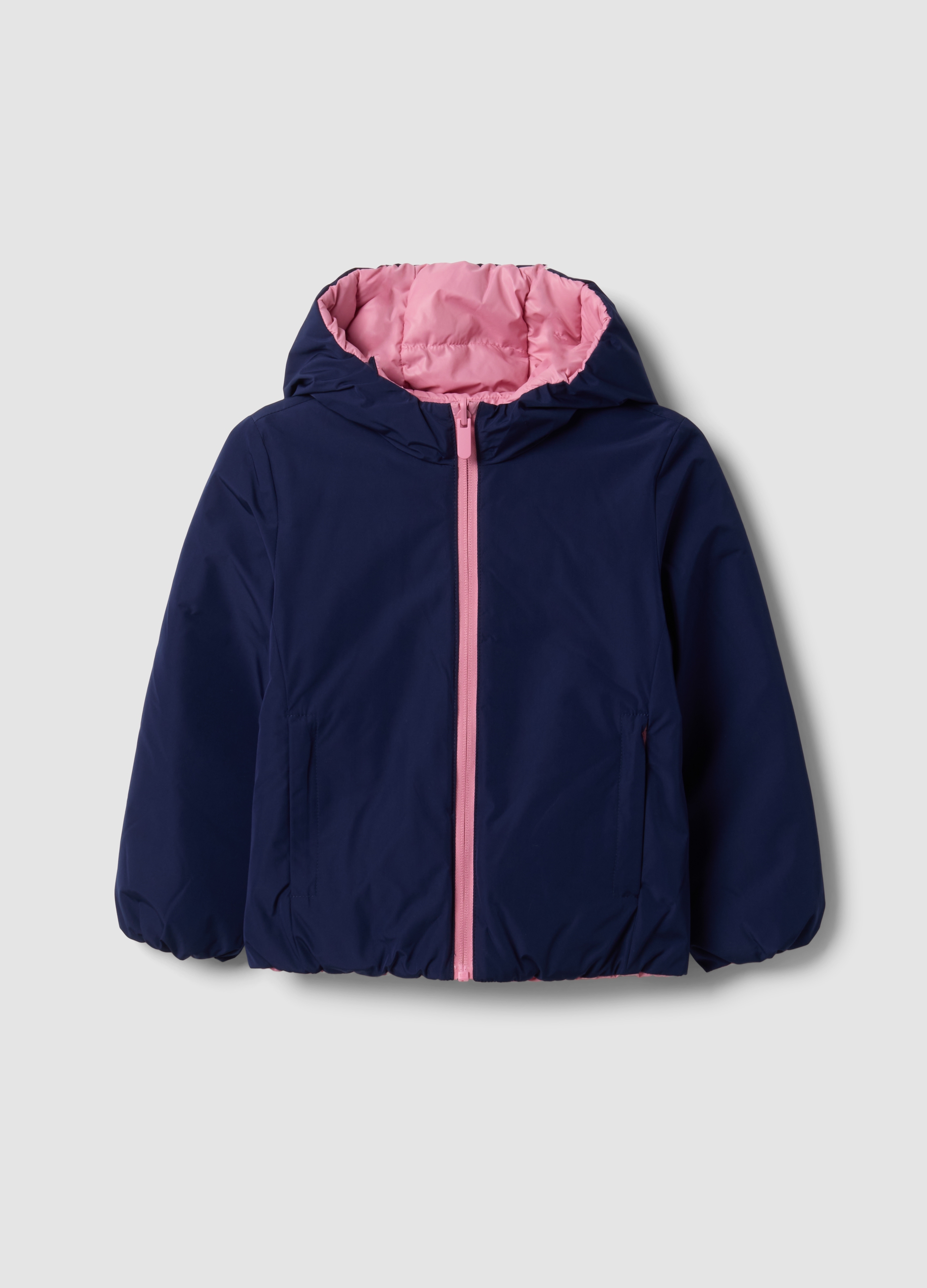 OVS KIDS, Giubbotto Ultralight Reversibile Blu Imbottito Con Cappuccio Per Bambina, Blu, Taglia: 5-6