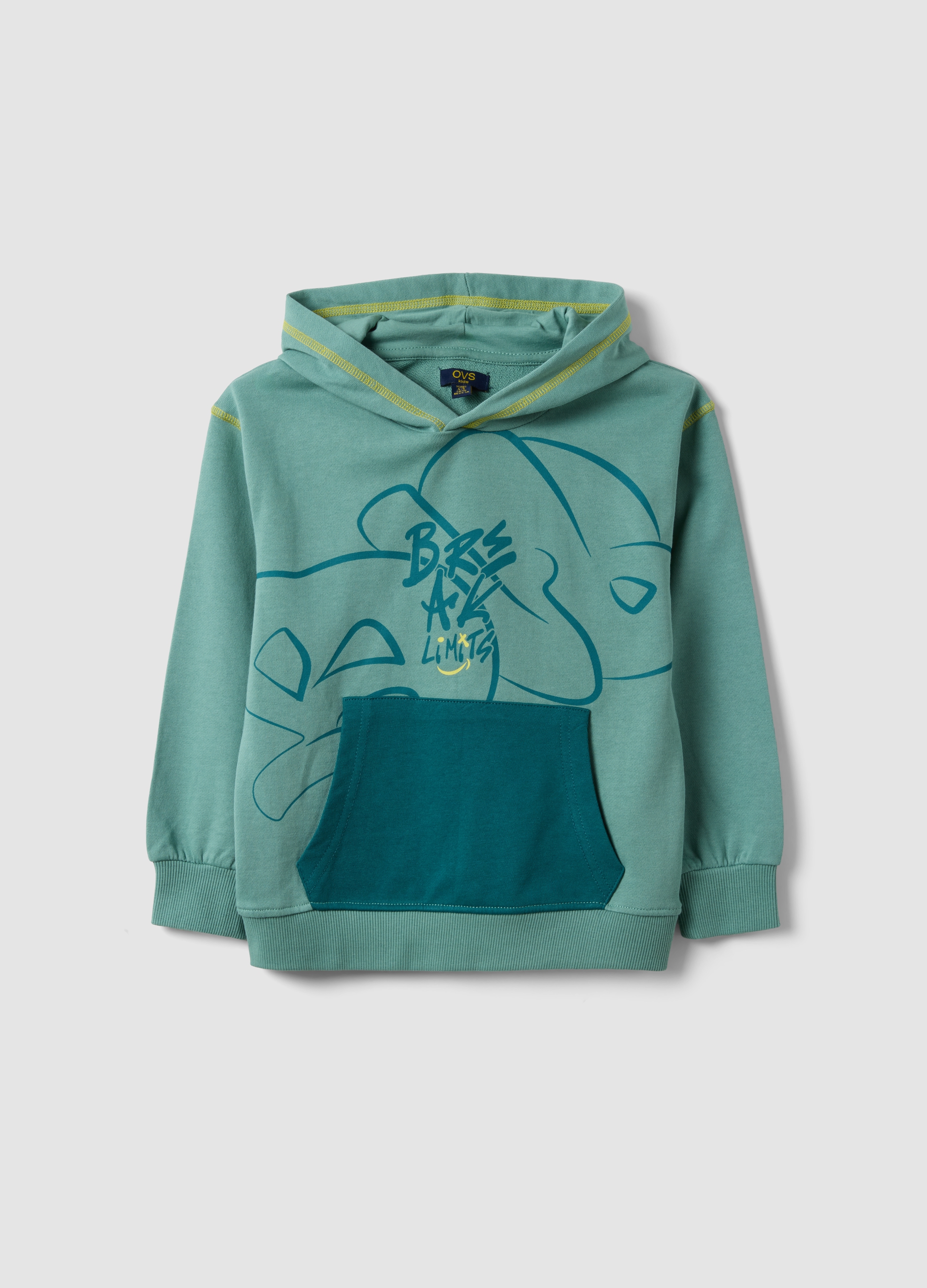 OVS KIDS, Felpa Over Verde Con Cappuccio In Puro Cotone Per Bambino, Verde, Taglia: 8-9