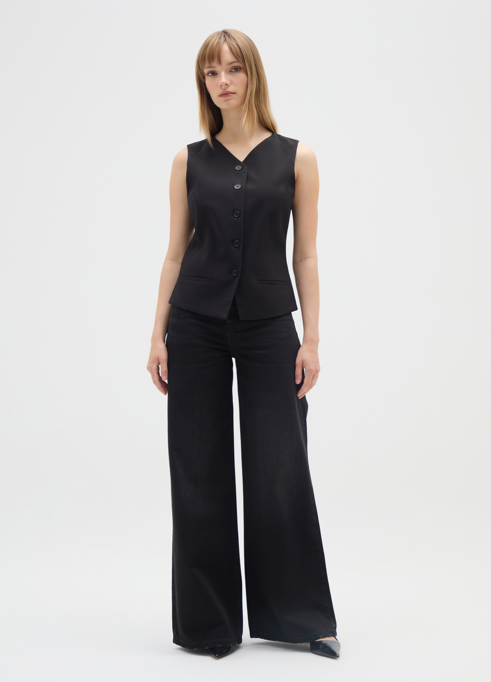 OVS, Jeans Negro De Pierna Ancha En Algodón, Mujer, Negro, Talla: 34