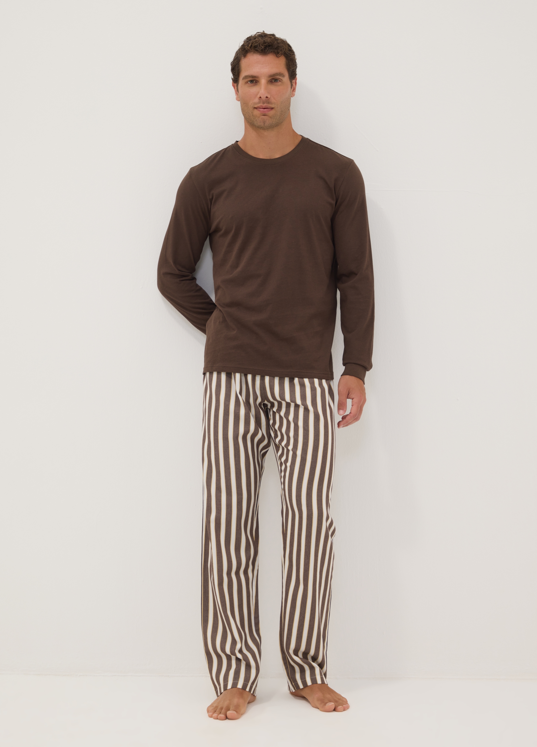 OVS, Pigiama Marrone In Puro Cotone Organico A Righe Regular Fit, Uomo, Marrone, Taglia: S