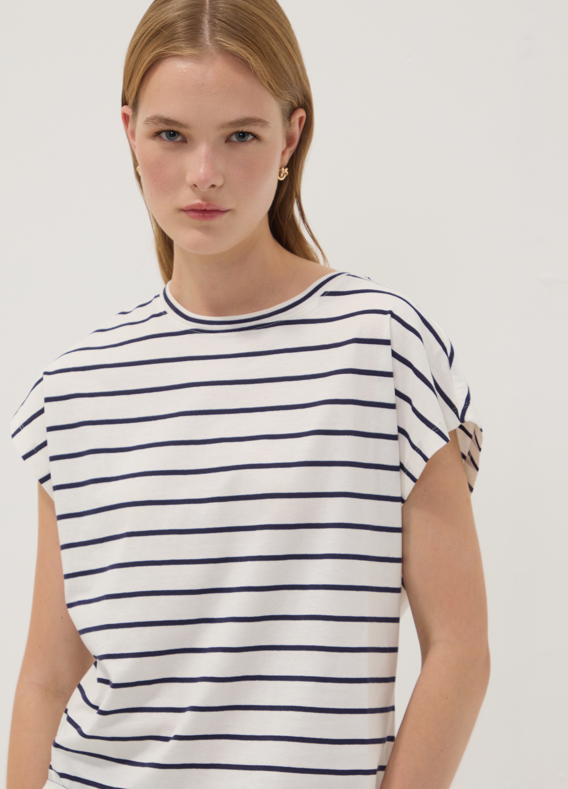 OVS, T-shirt Bianca In Puro Cotone A Righe Blu Regular Fit, Donna, Bianco, Taglia: M