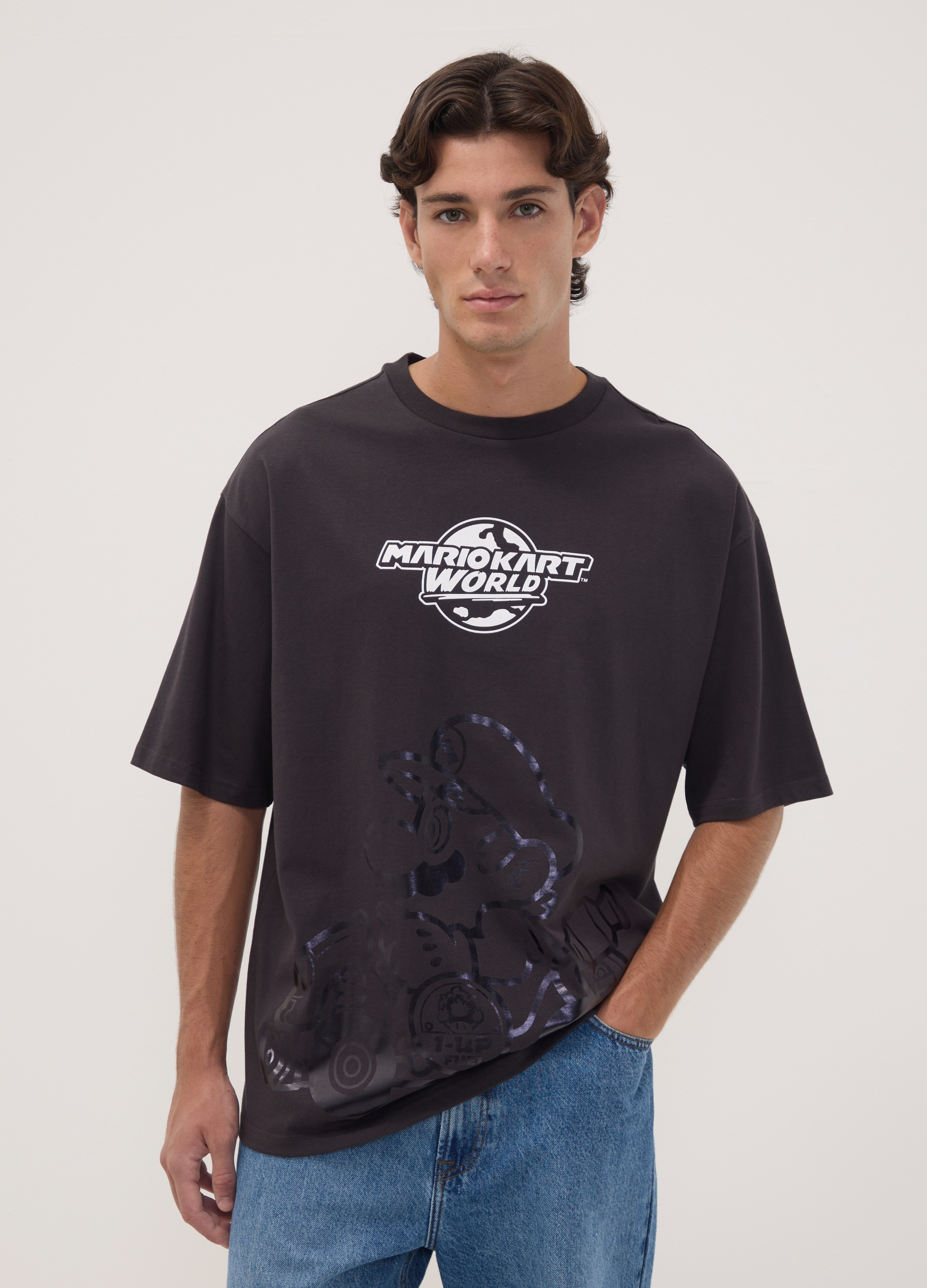 NINTENDO, T-shirt Nera In Puro Cotone Con Stampa Mario Kart, Unisex, Nero, Taglia: M