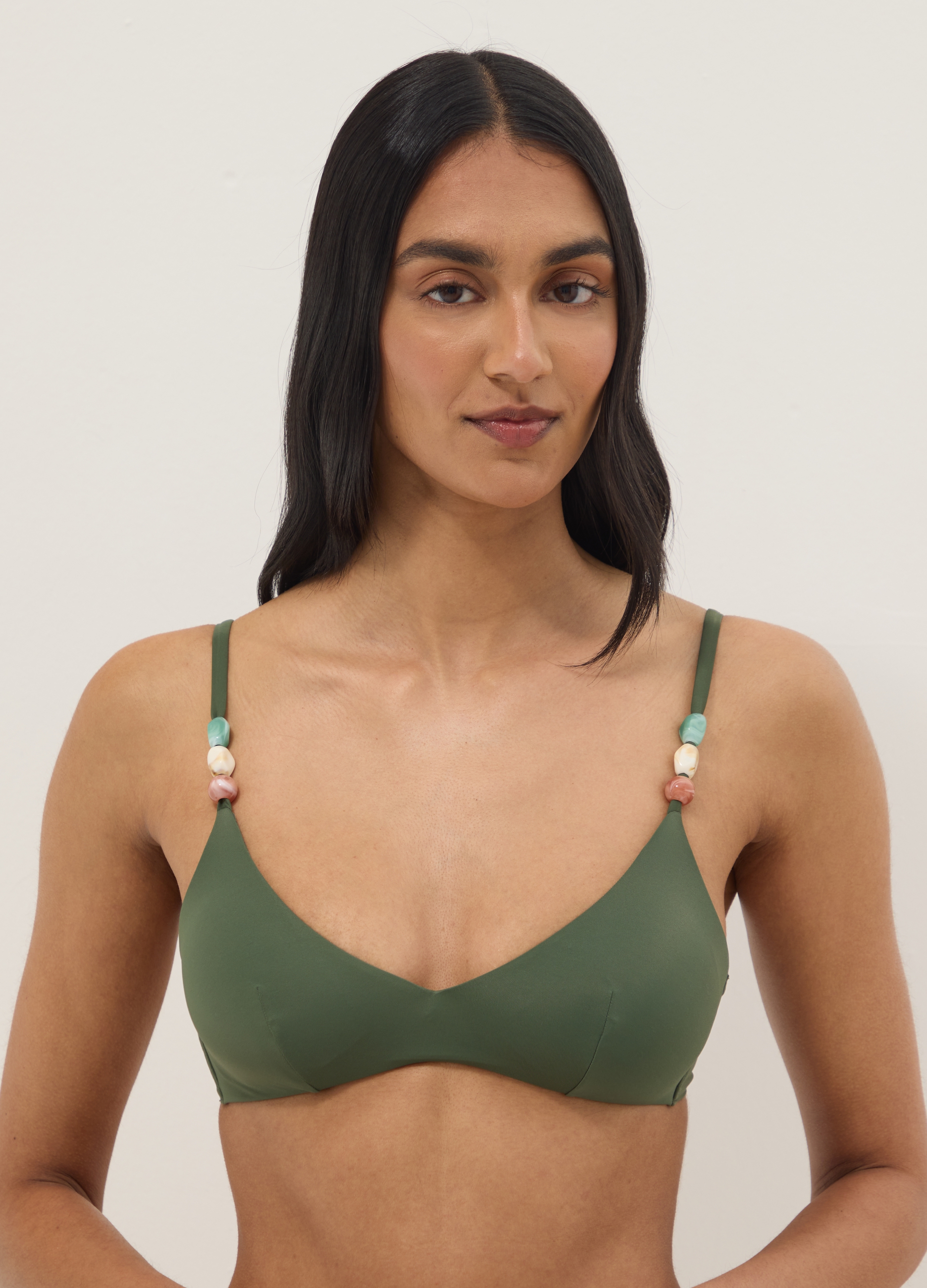 Top De Bikini Verde De Tejido Elástico Con Tirantes Decorados, Mujer, Verde oscuro, Talla: 4