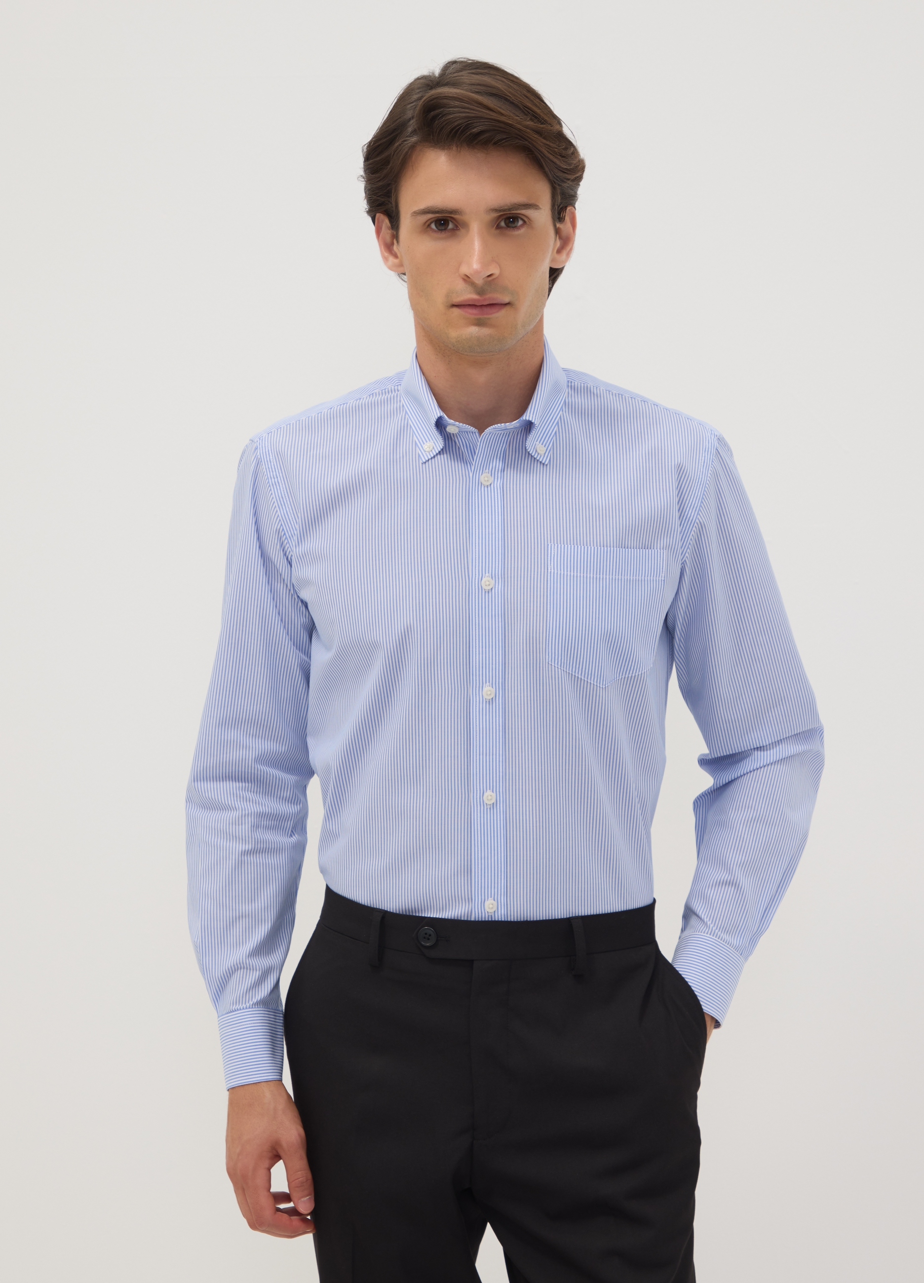 OVS, Camicia Azzurra A Righe In Misto Cotone Con Collo Button Down Easy Iron Regular Fit, Uomo, Azzurro, Taglia: 43